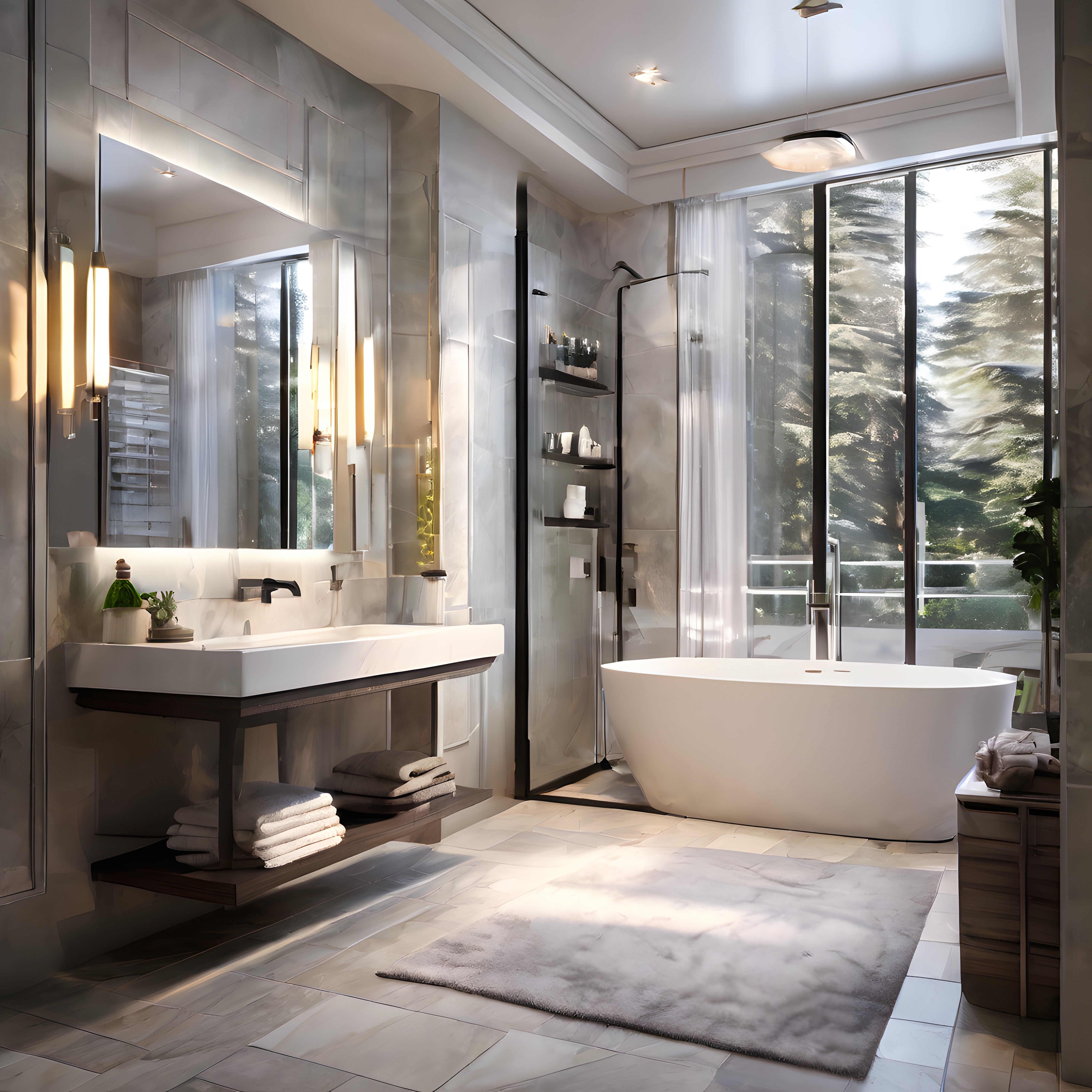 Doğal Işıkla Aydınlanan Orman Manzaralı Çağdaş Lüks Banyo Tasarımı
