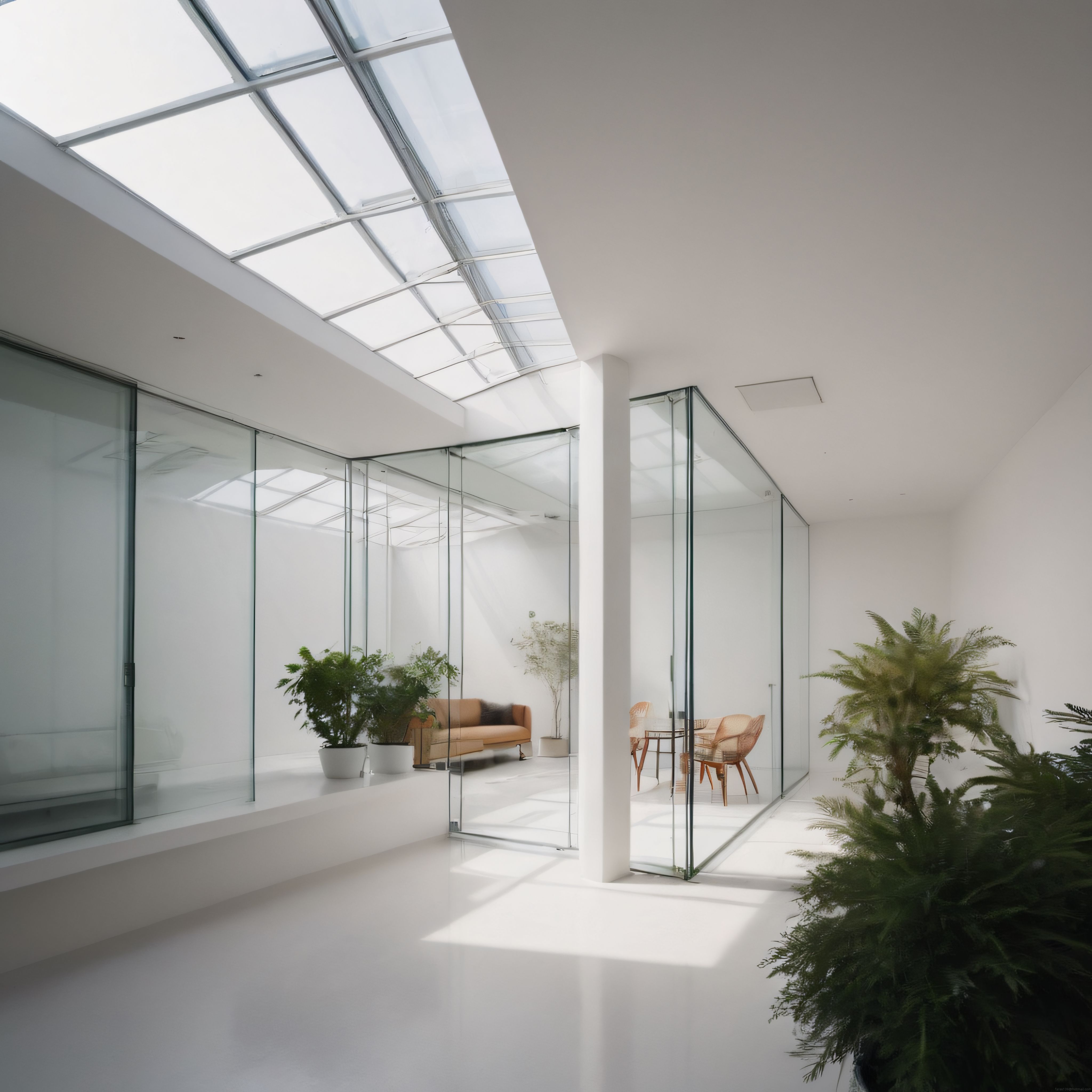 Doğal Işıkla Beslenen Modern Cam ve Beyaz Tonlarda Minimalist İç Mekan