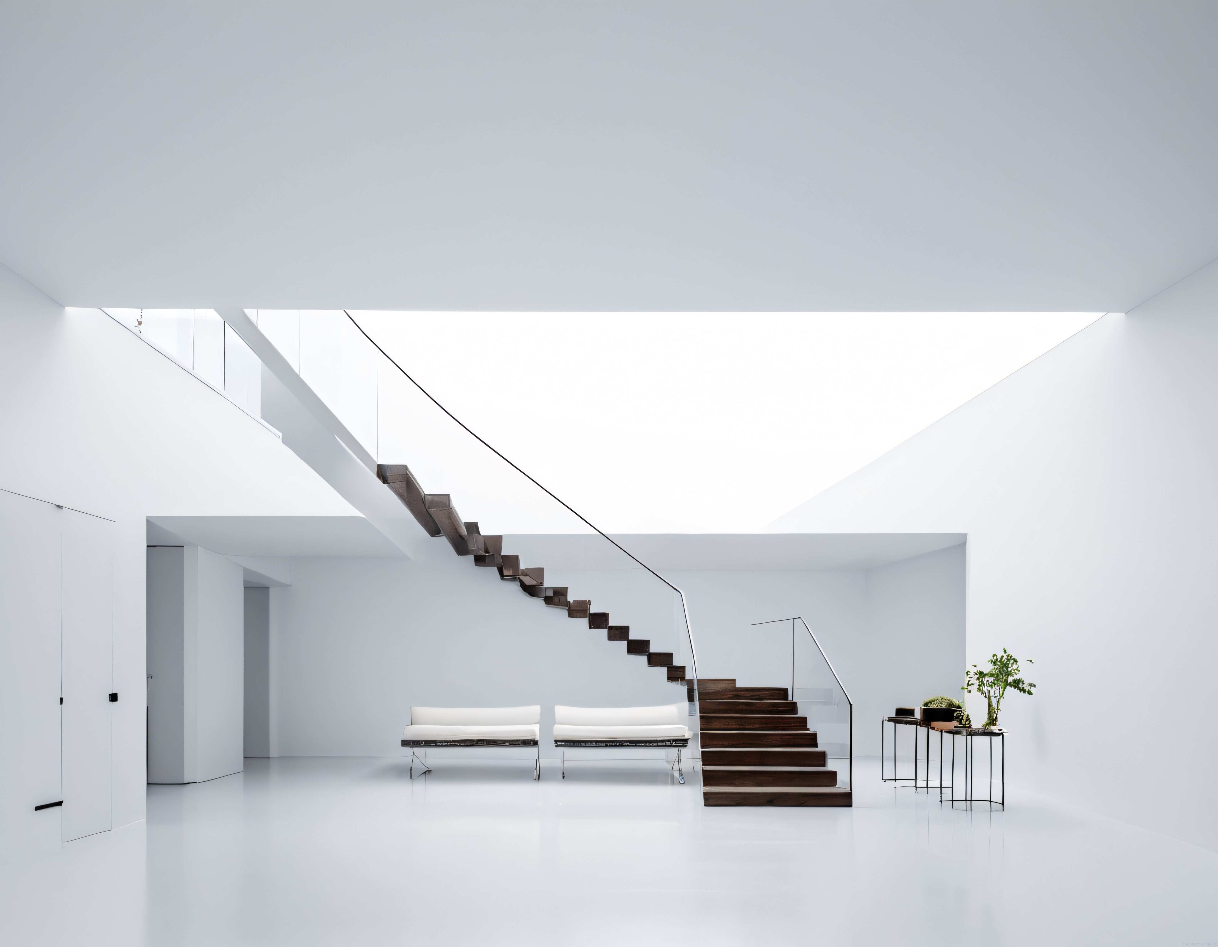 Doğal ışıkla bütünleşen beyaz duvarlı modern ve minimalist iç mekan tasarımı