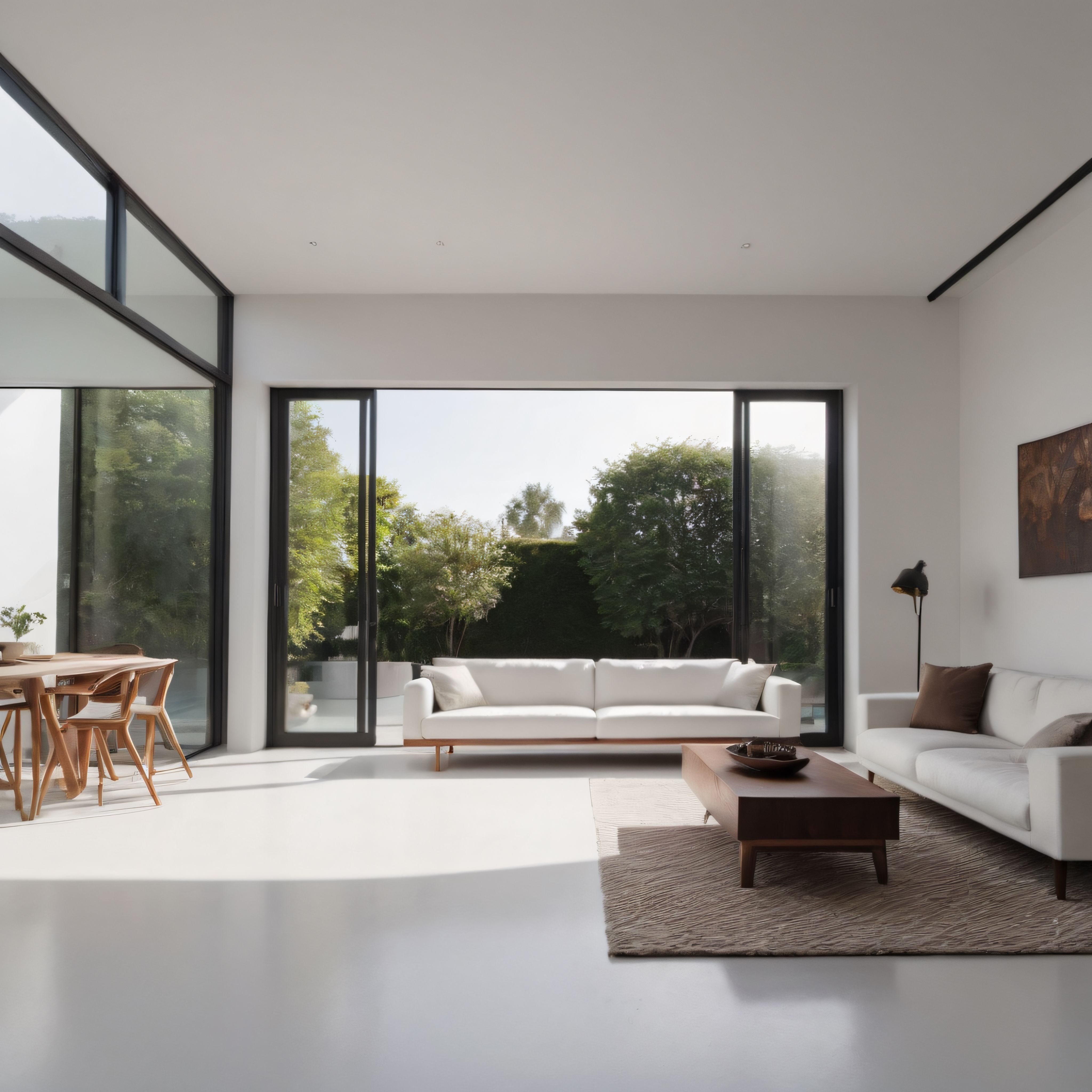 Doğal Işıkla Büyüleyen Geniş Cam Cepheli Modern Minimalist Salon Tasarımı