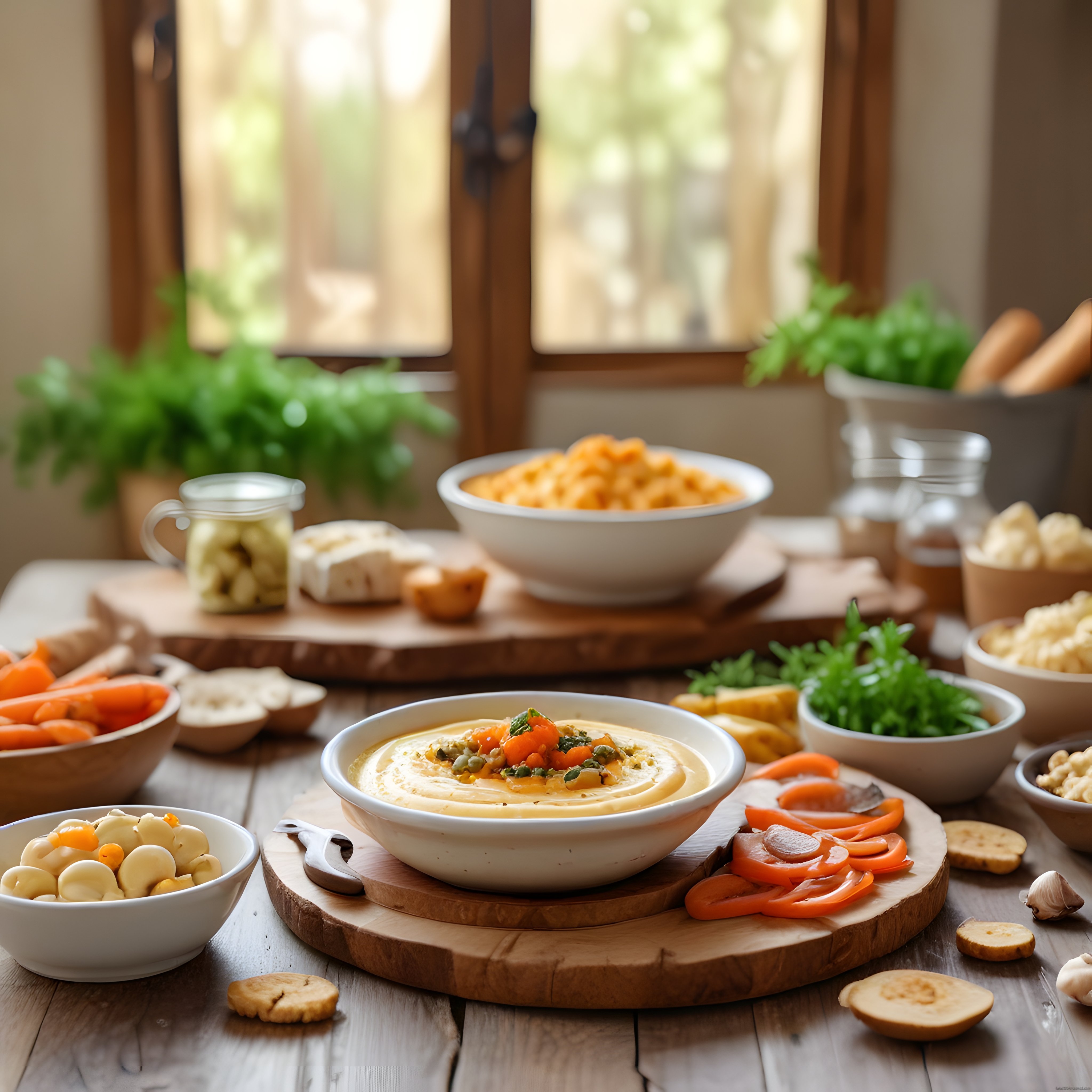 Doğal Işıklı Rustik Mutfakta Ev Yapımı Humus ve Taze Sebze Tablosu