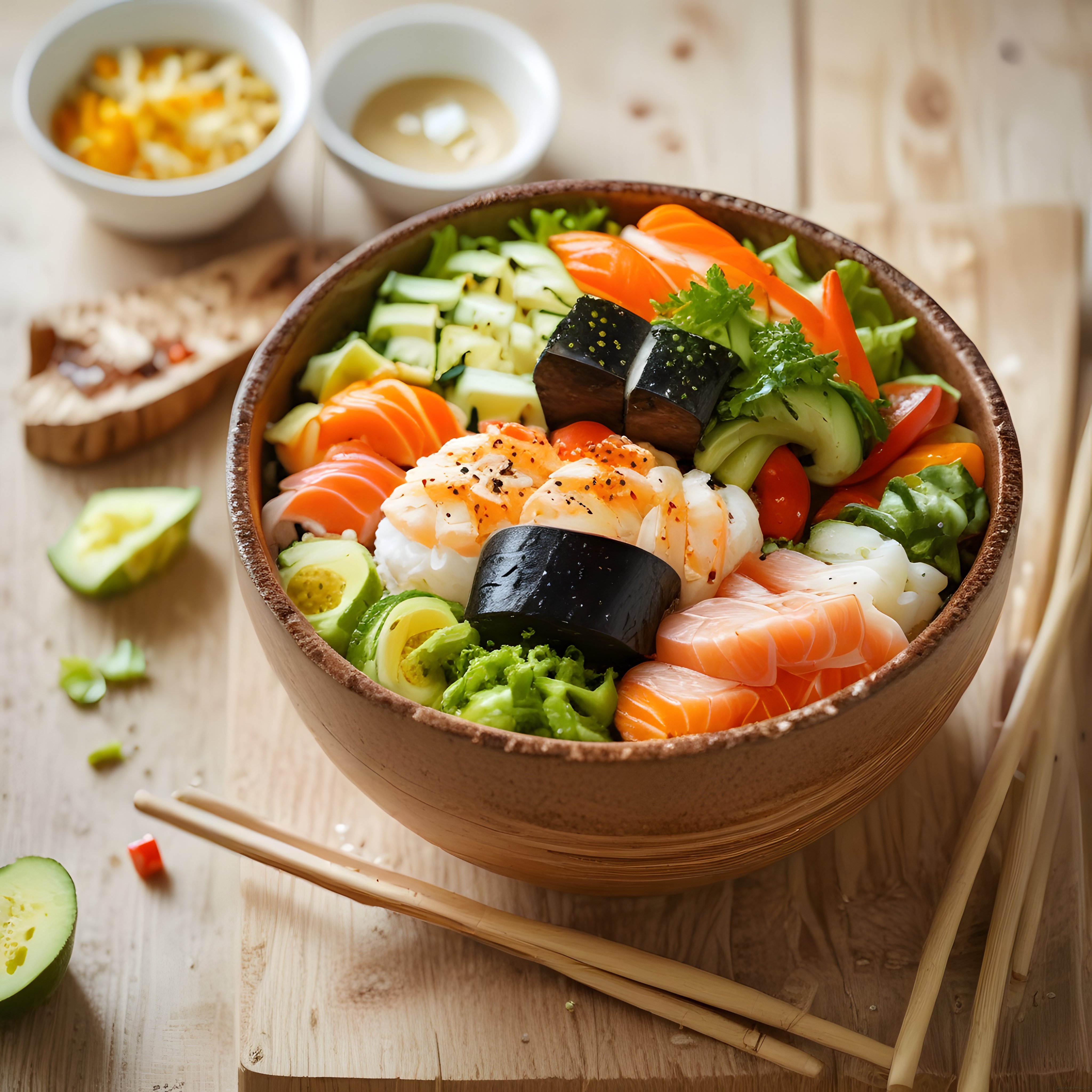 Doğal Işıkta Ahşap Kapta Taze Somonlu Karidesli Renkli Poke Bowl Sunumu
