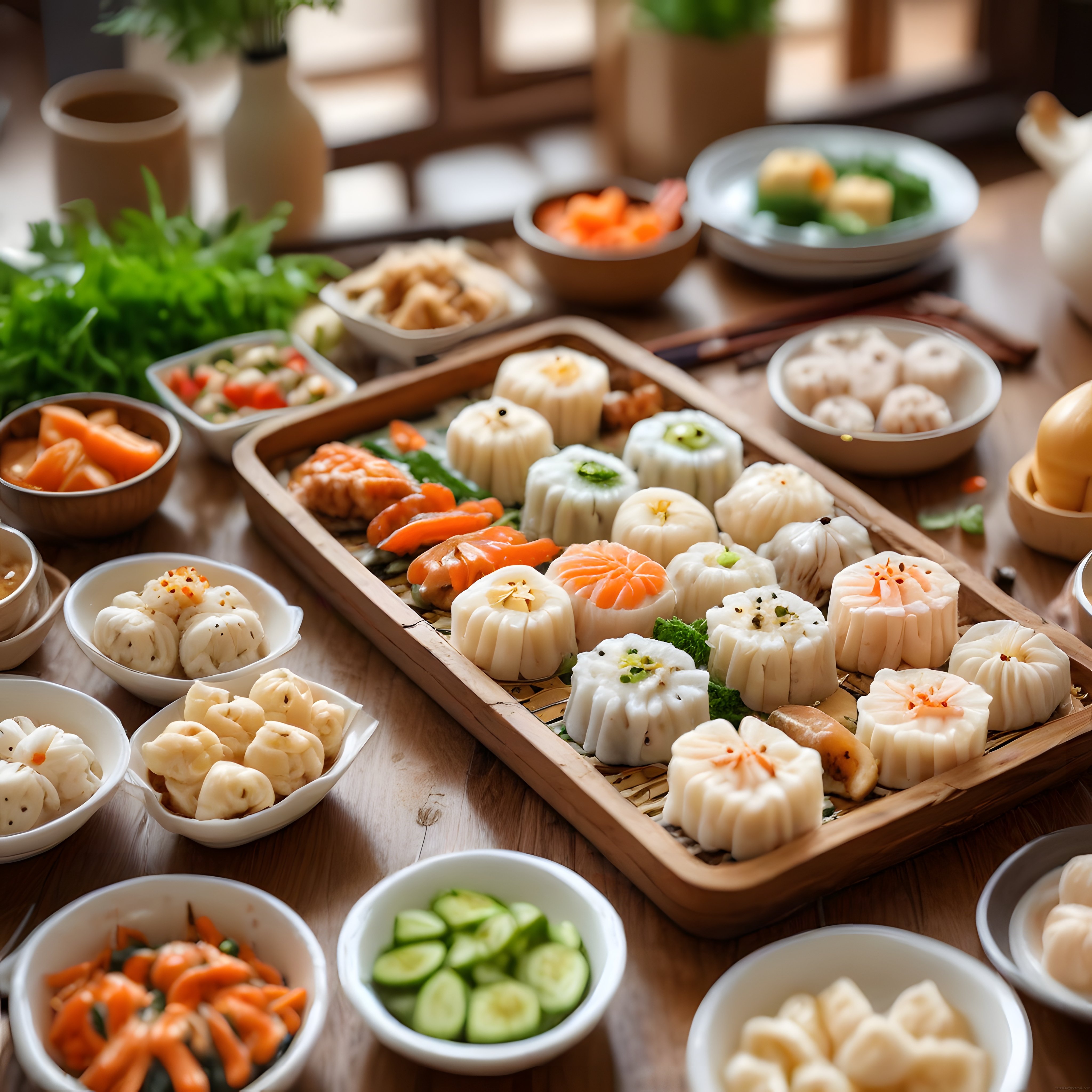 doğal ışıkta ahşap masada geleneksel çin mantısı ve dim sum lezzetleri