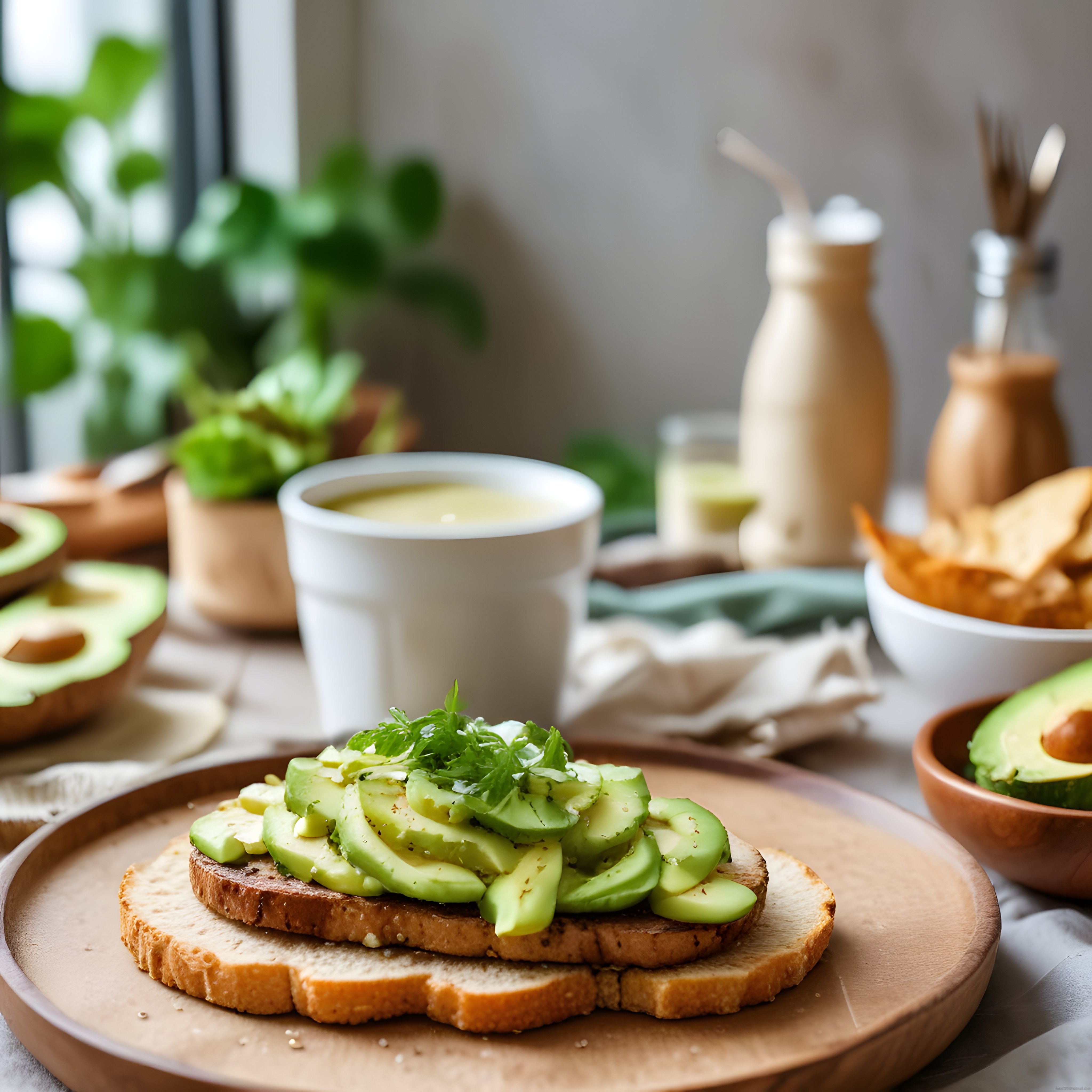 Doğal Işıkta Avokadolu Tost ve Yeşil Çay ile Sağlıklı Kahvaltı Masası