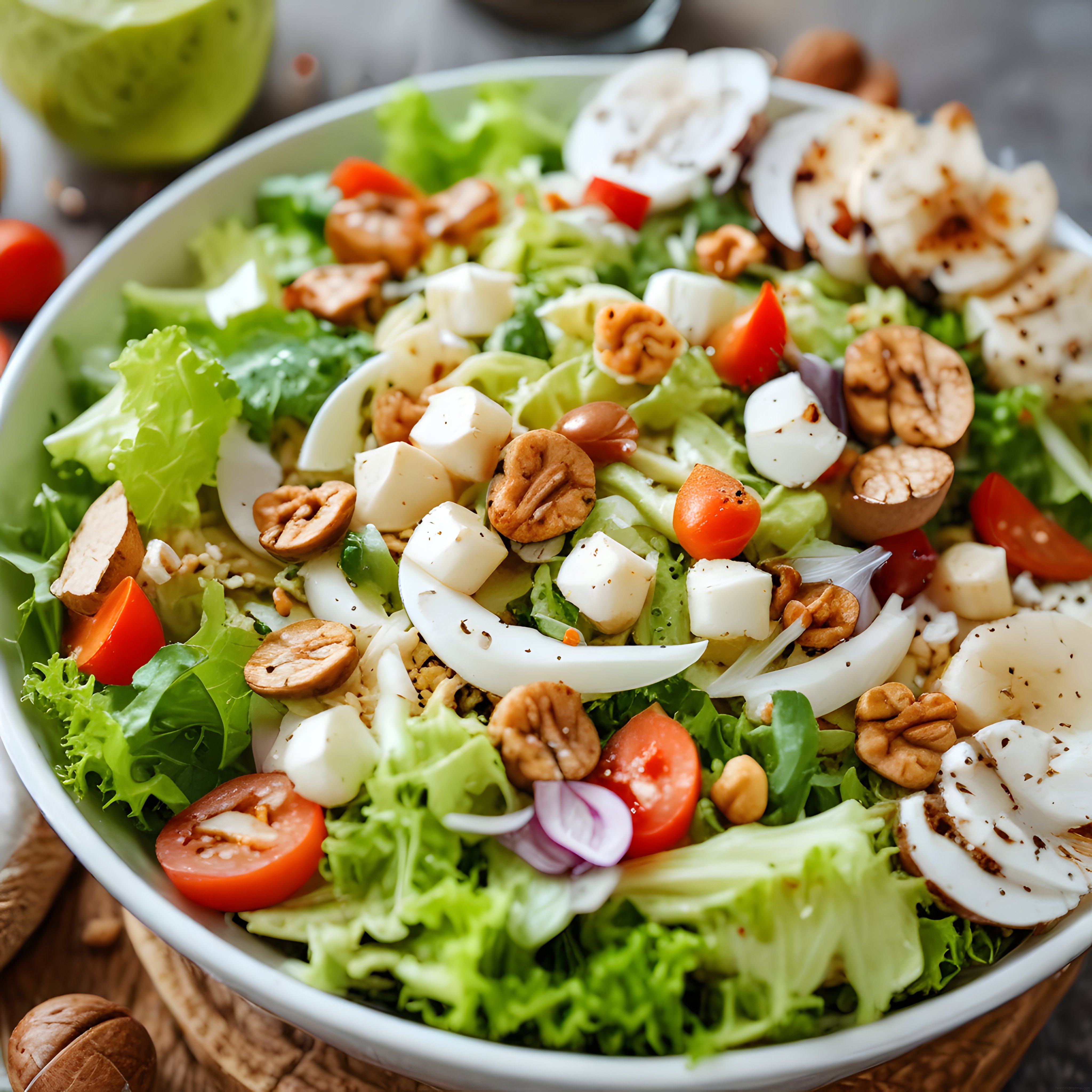 Doğal Işıkta Cevizli Yumurtalı Beyaz Peynirli Taze Yeşillik Salata Sunumu