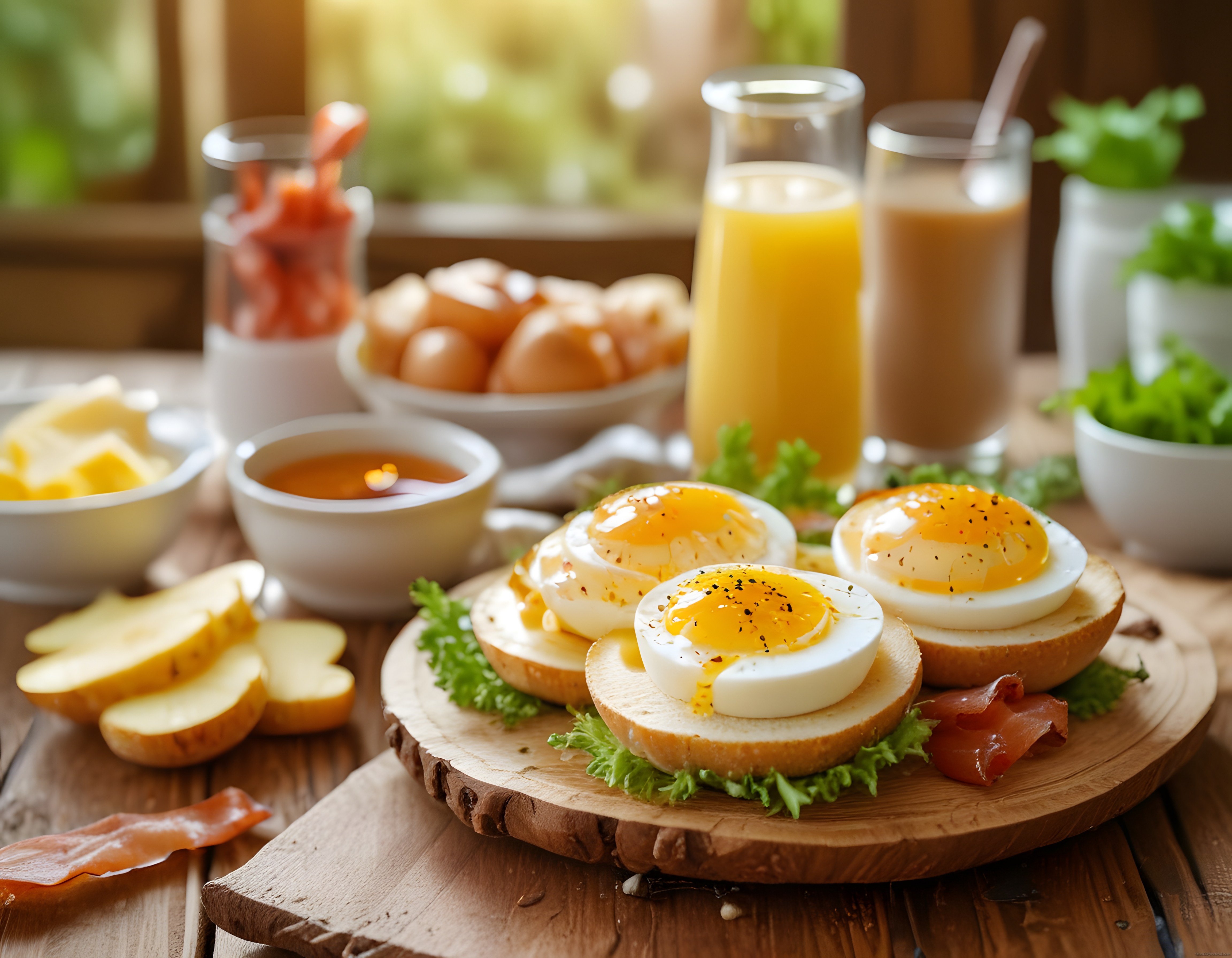 Doğal Işıkta Sıcacık Bir Kahvaltı: Yumurta, Jambon, Portakal Suyu ve Taze Ekmek