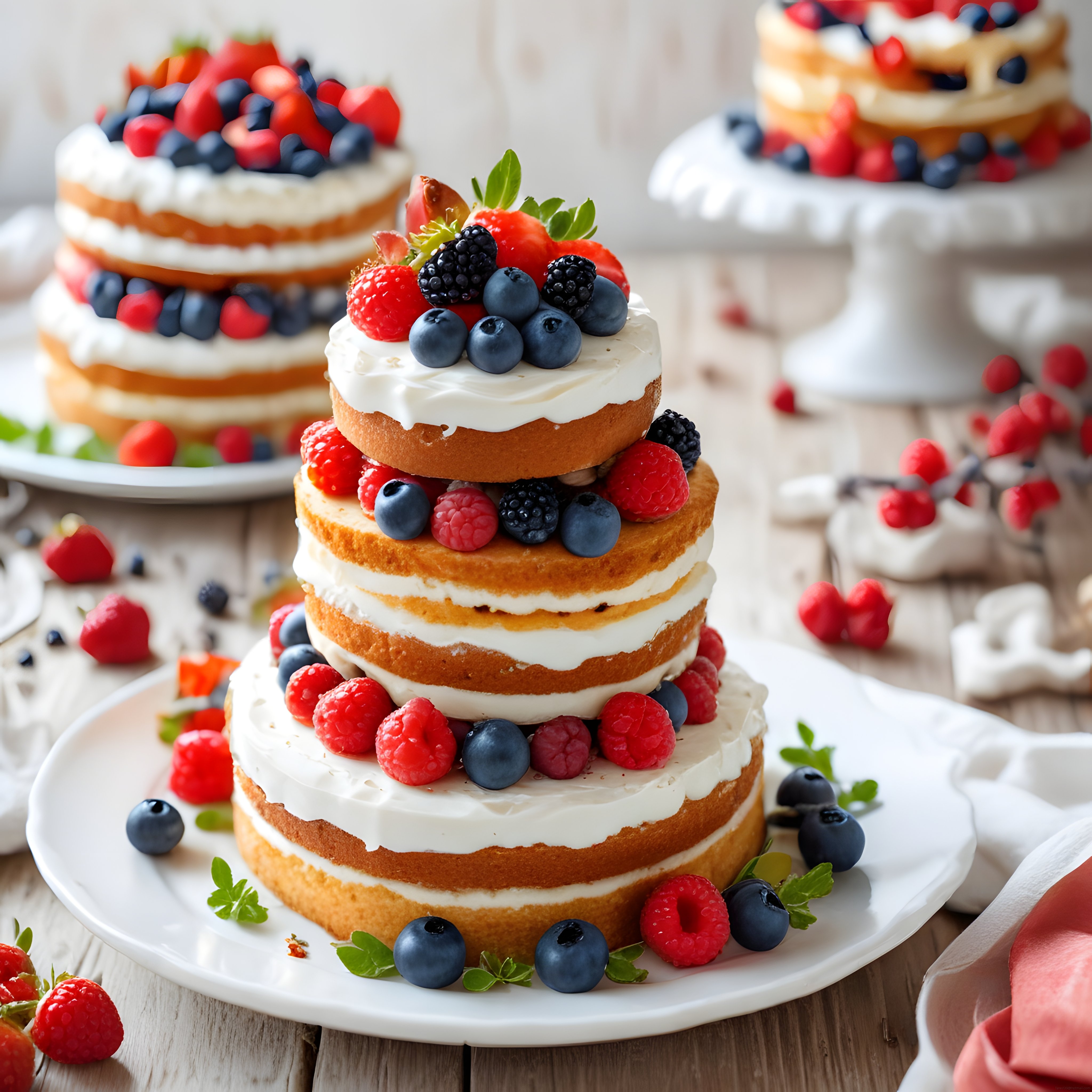 Doğal Işıkta Taze Orman Meyveli Üç Katlı Naked Cake Pasta Sunumu