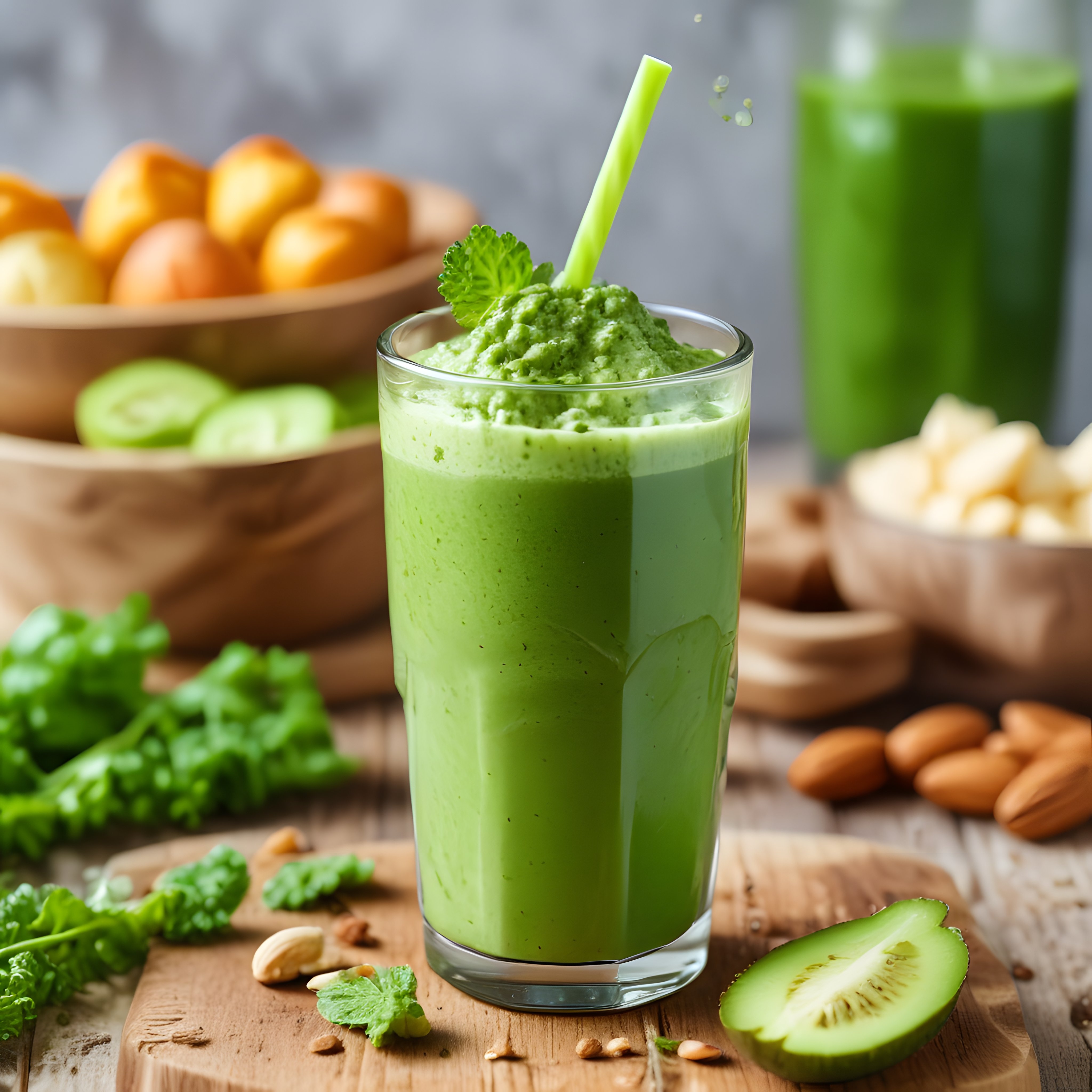 Doğal Malzemelerle Hazırlanan Taze Yeşil Smoothie Ahşap Mutfak Sunumunda