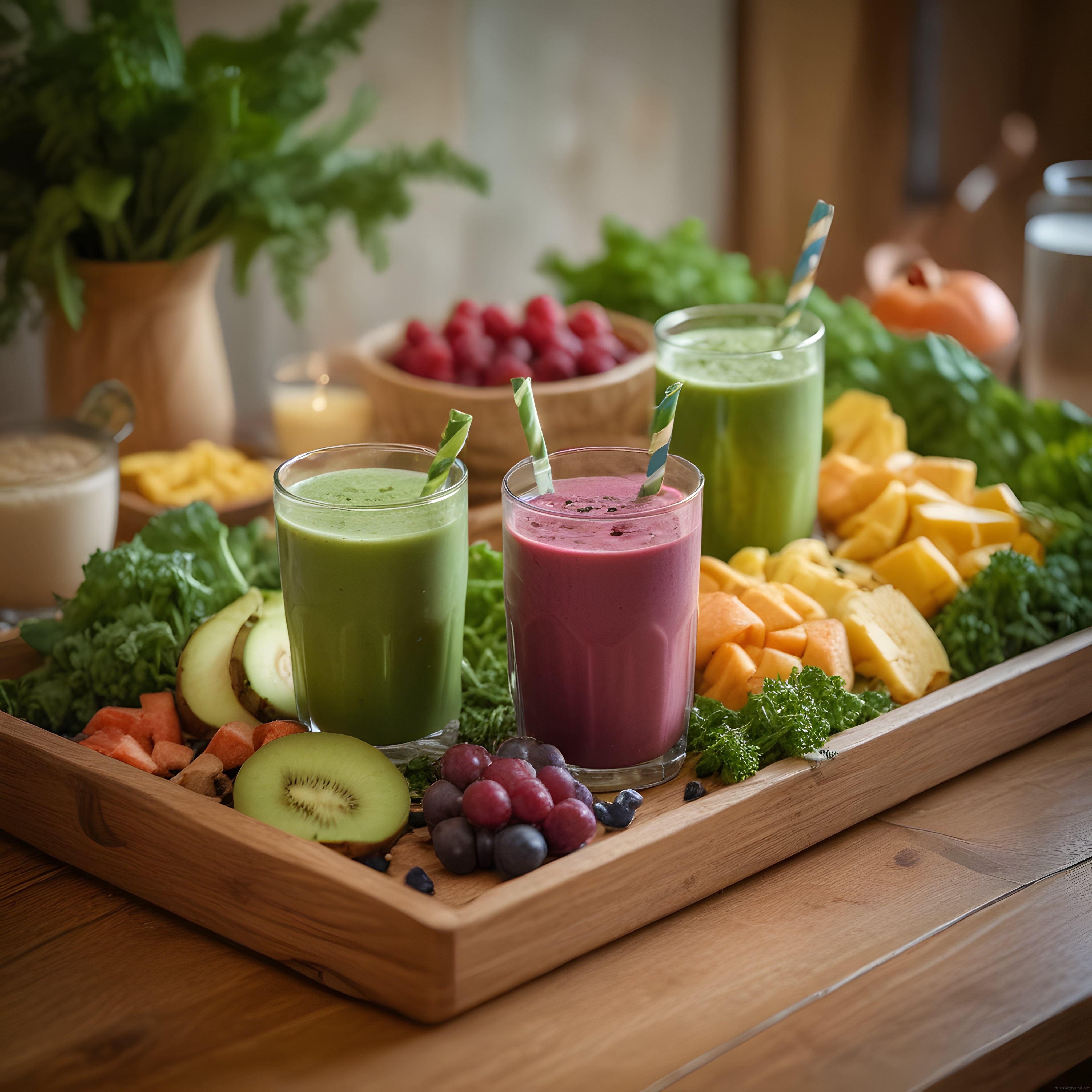 Doğal Meyveli Renkli Detoks Smoothie Sunumu ve Sağlıklı İçecek Tepsisi