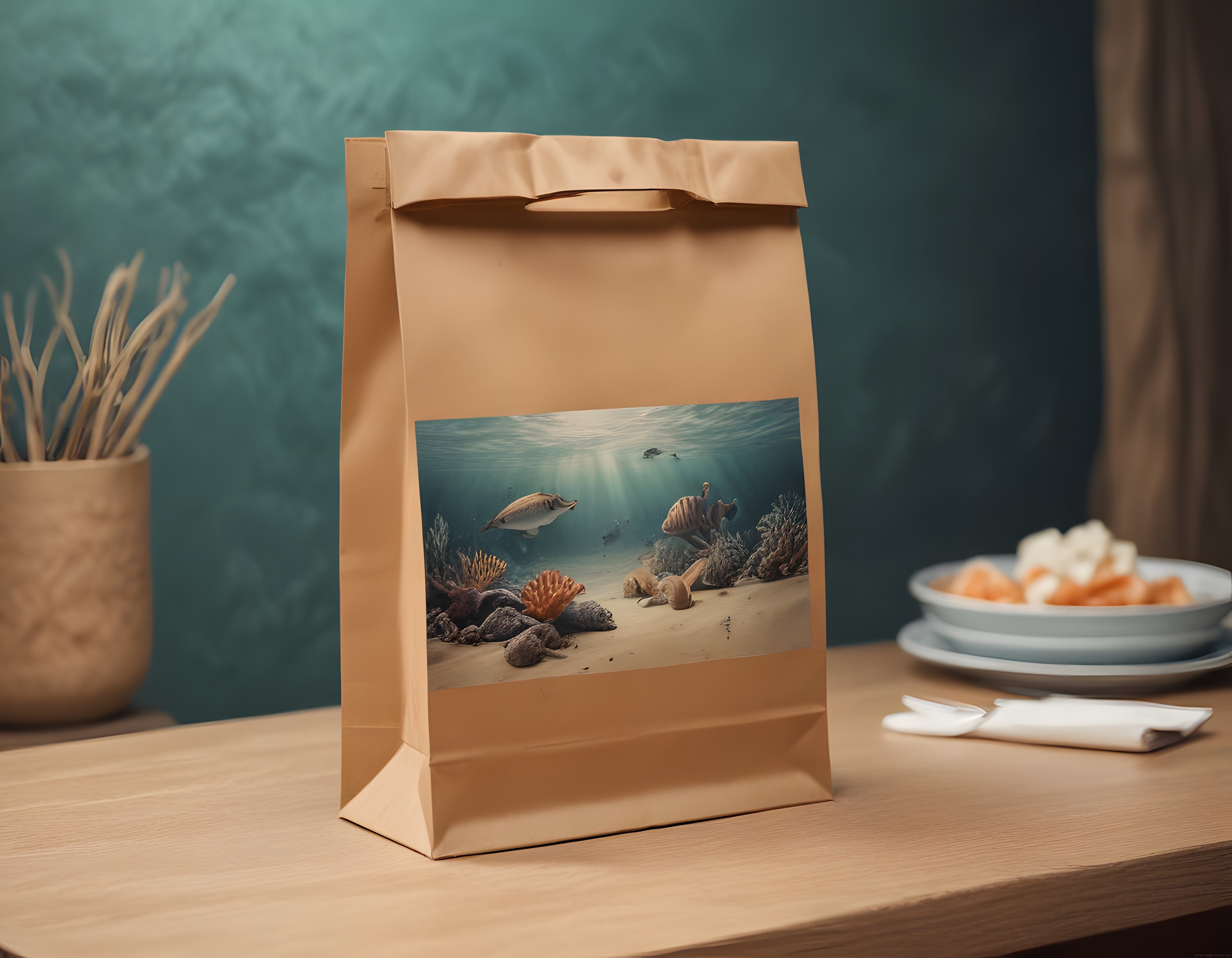 Doğal Mutfak Ambiyansında Su Altı Manzaralı Sürdürülebilir Kraft Paket Tasarımı