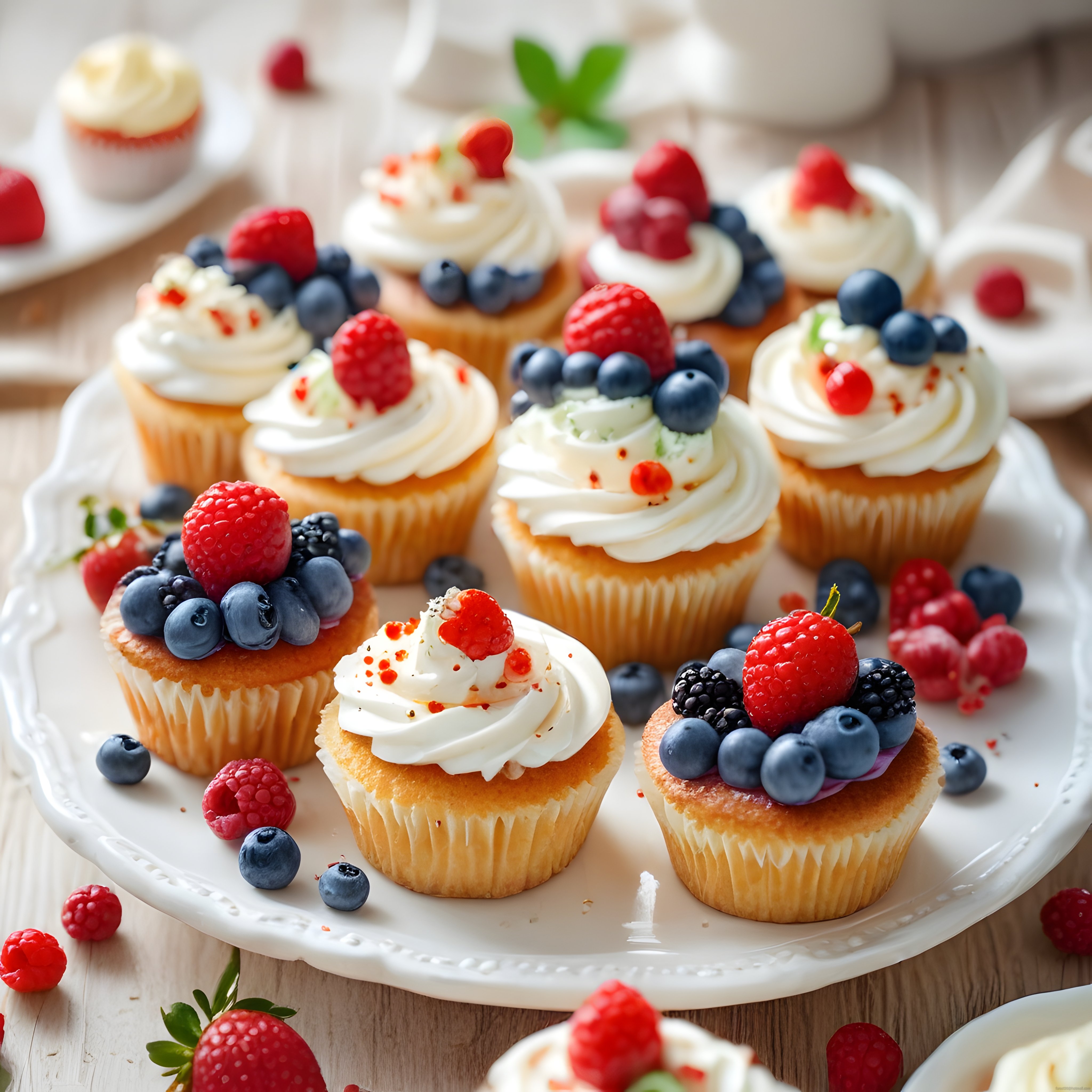 Doğal Orman Meyveleriyle Süslenmiş Ev Yapımı Kremalı Cupcake Sunumu