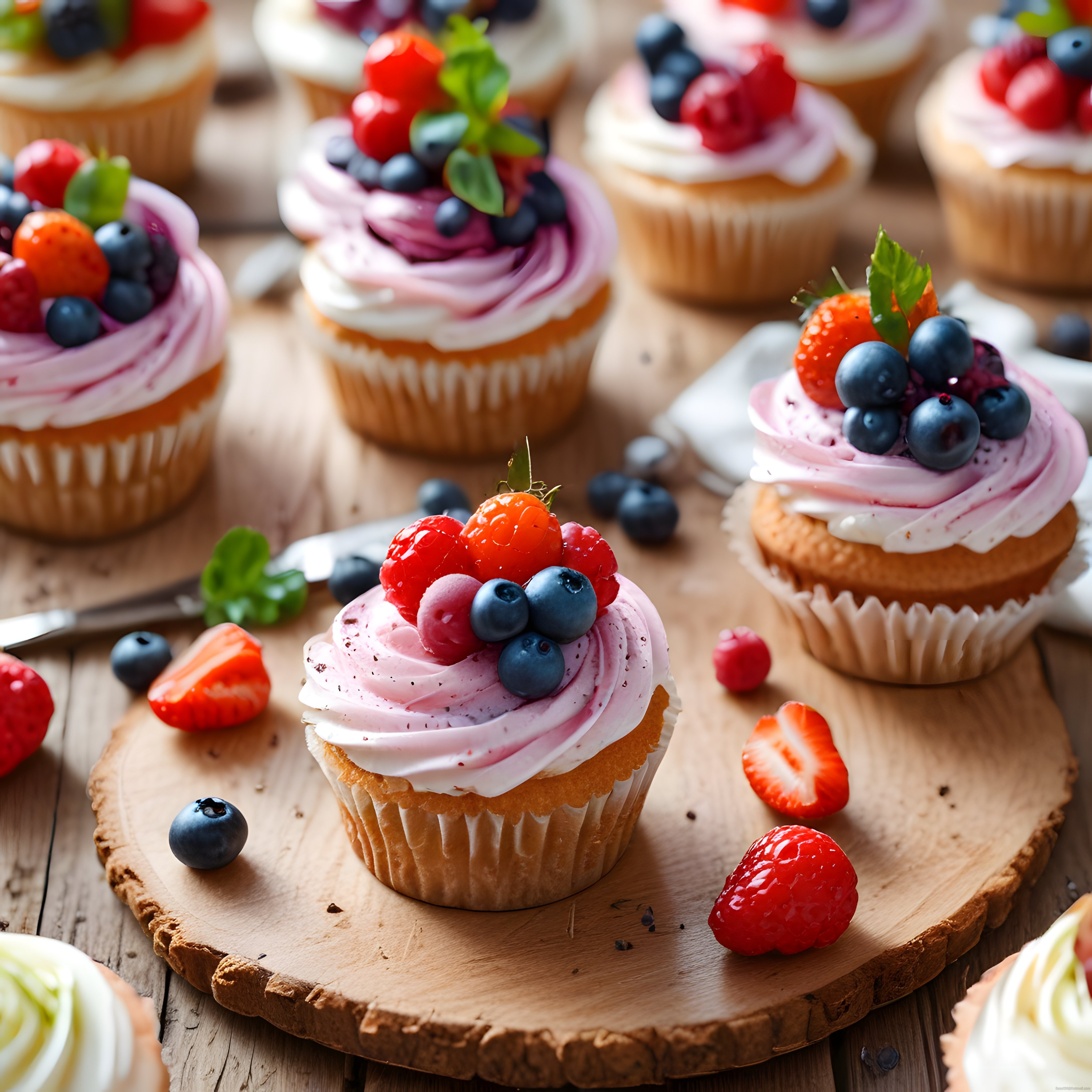 Doğal Orman Meyveli Cupcake'ler: Pembe Kremalı ve Naneli Tatlı Sunum