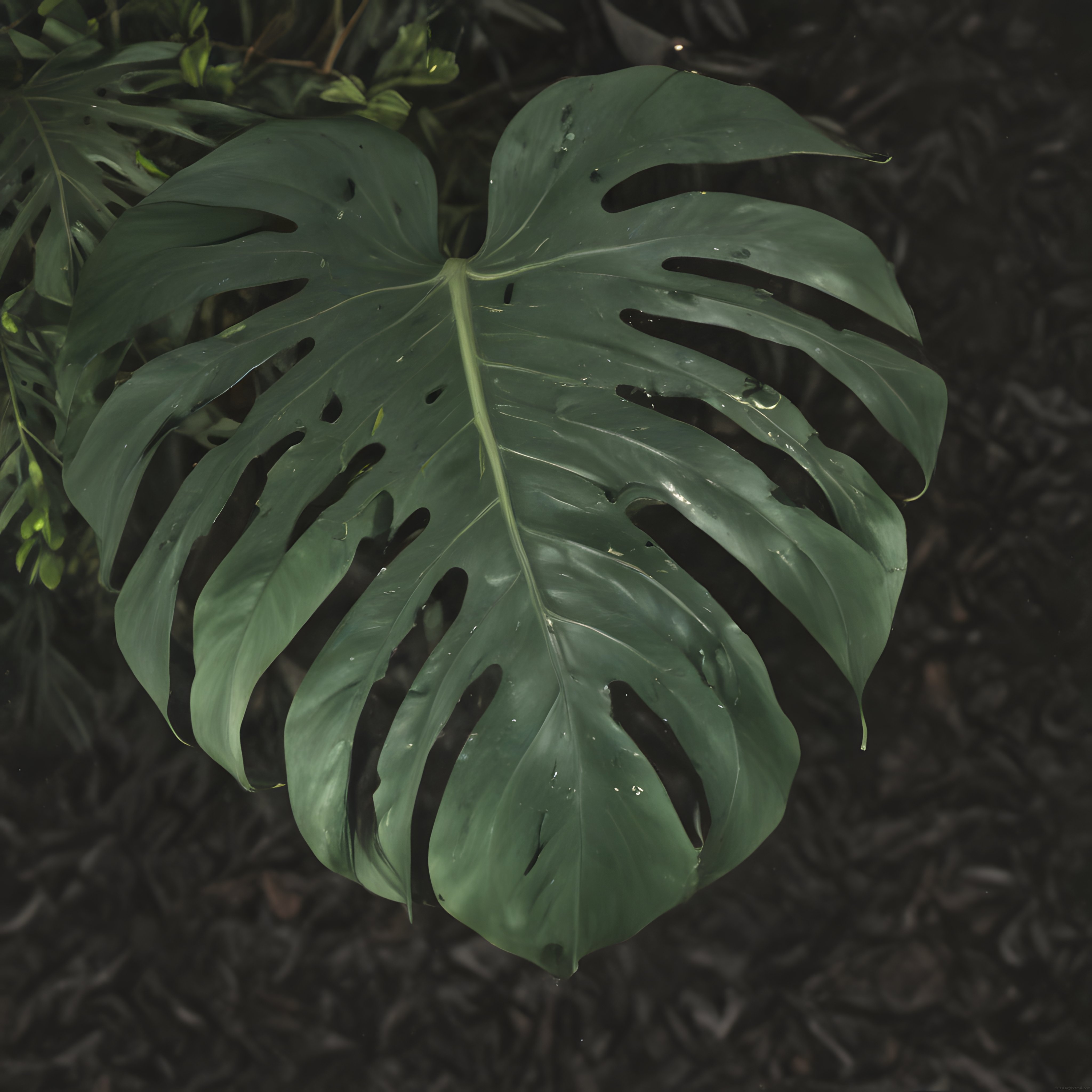 Doğal Orman Zeminde Yağmur Taneleriyle Süslenmiş Gizemli Monstera Yaprağı