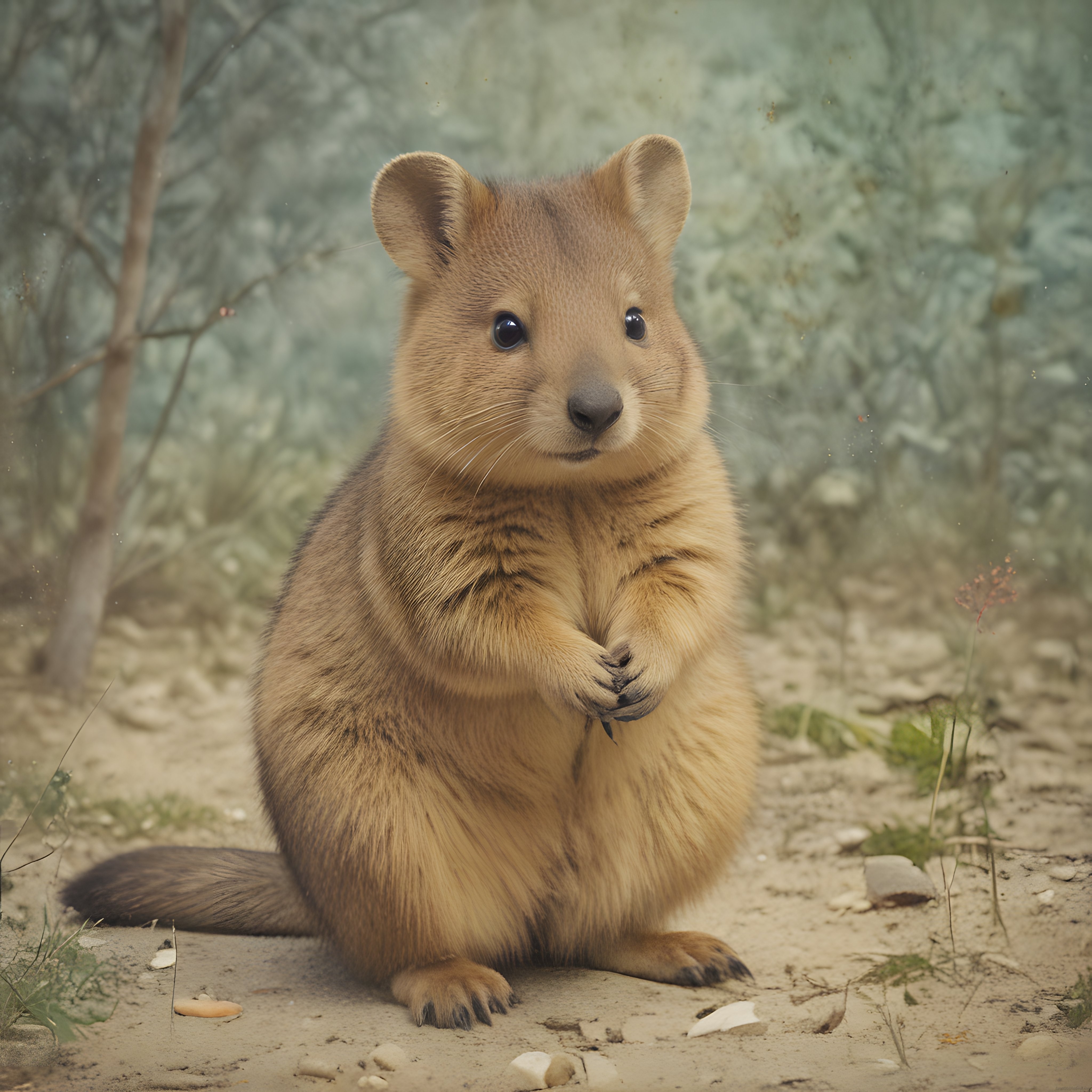 doğal ortamında oturan sevimli quokka'nın yumuşak tüylü yakın çekim portresi
