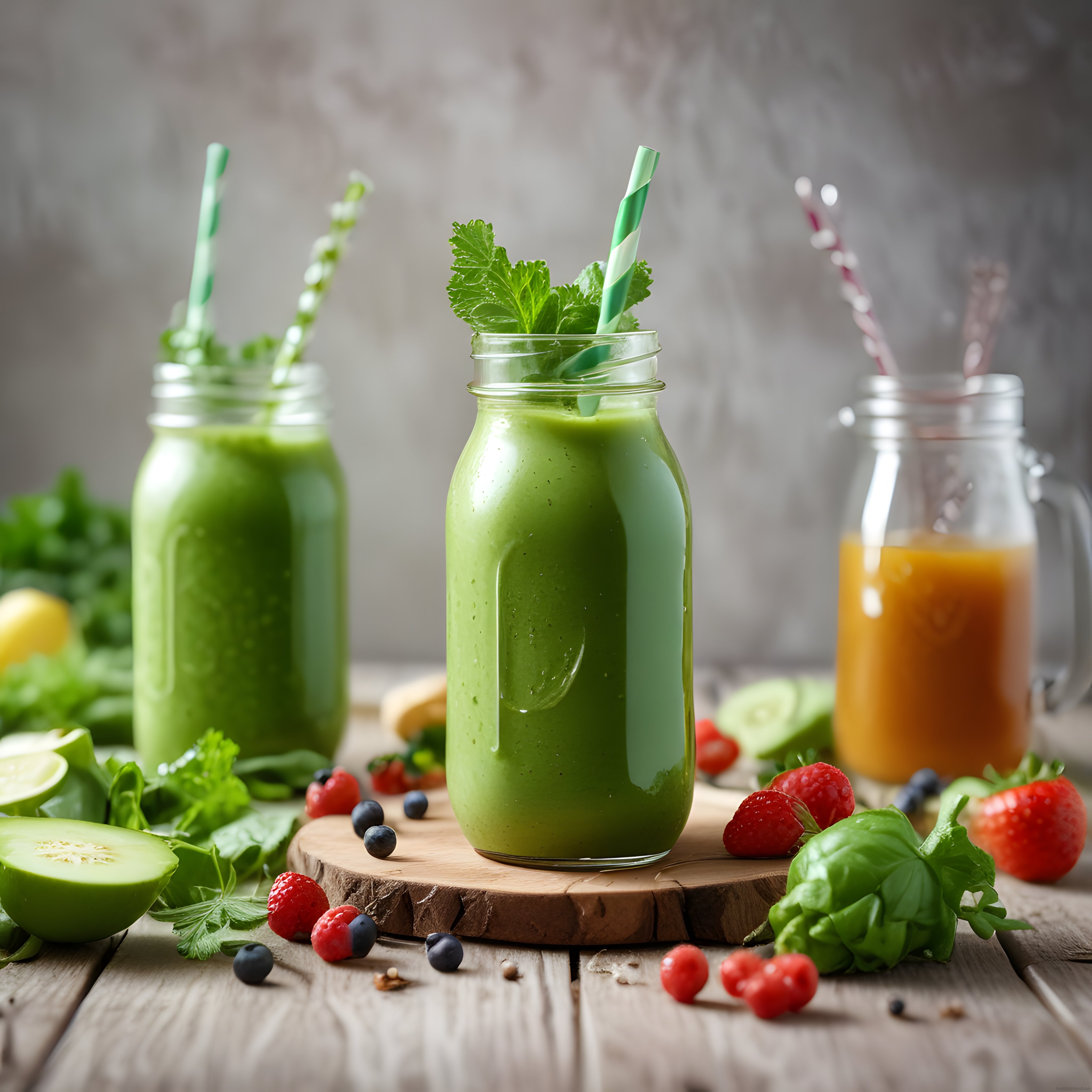 Doğal Yeşil Smoothie Kavanozları ve Taze Meyvelerle Sağlıklı Beslenme Konsepti