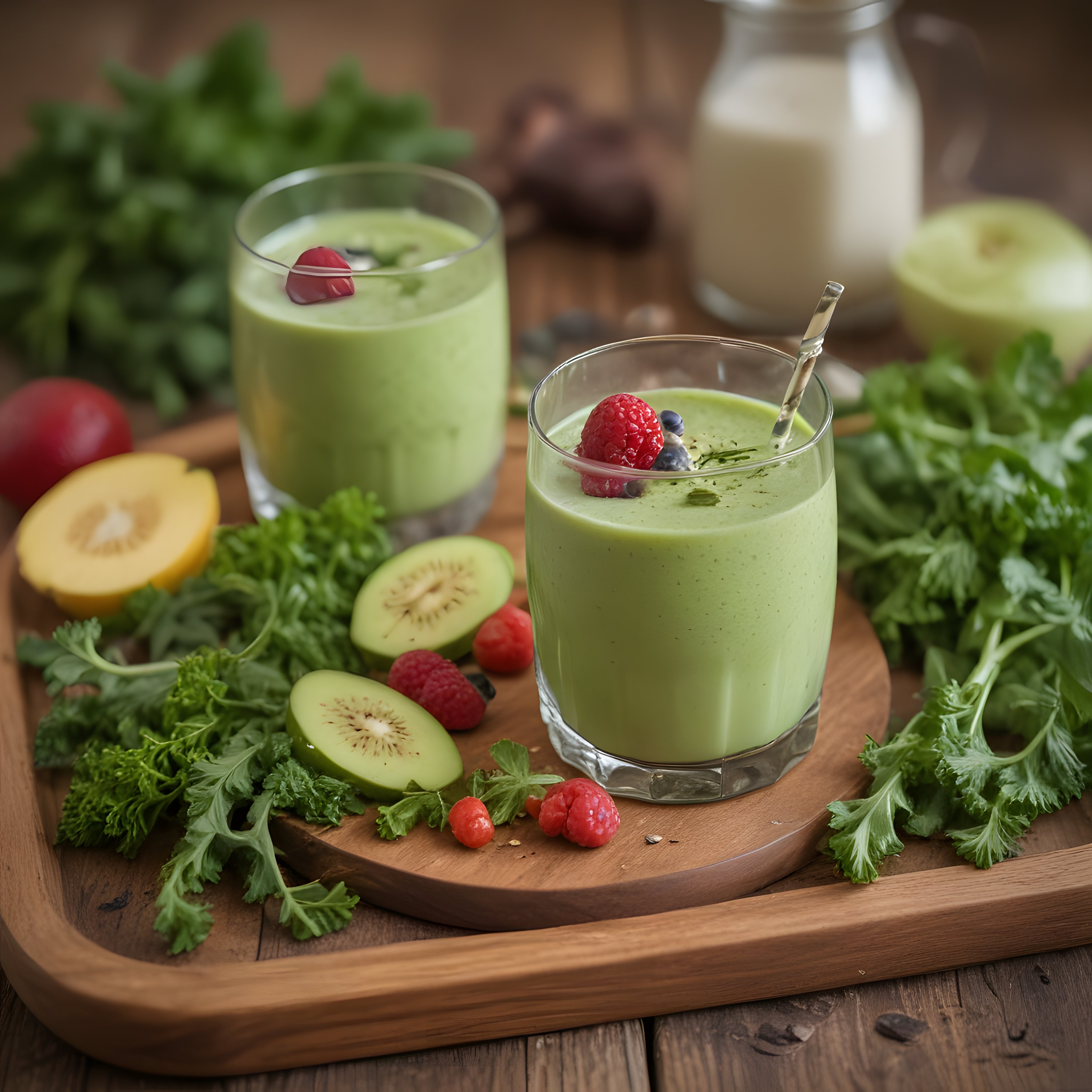 Doğal Yeşil Smoothie: Kivi Ahududu ve Yeşilliklerle Bardak Sunumu