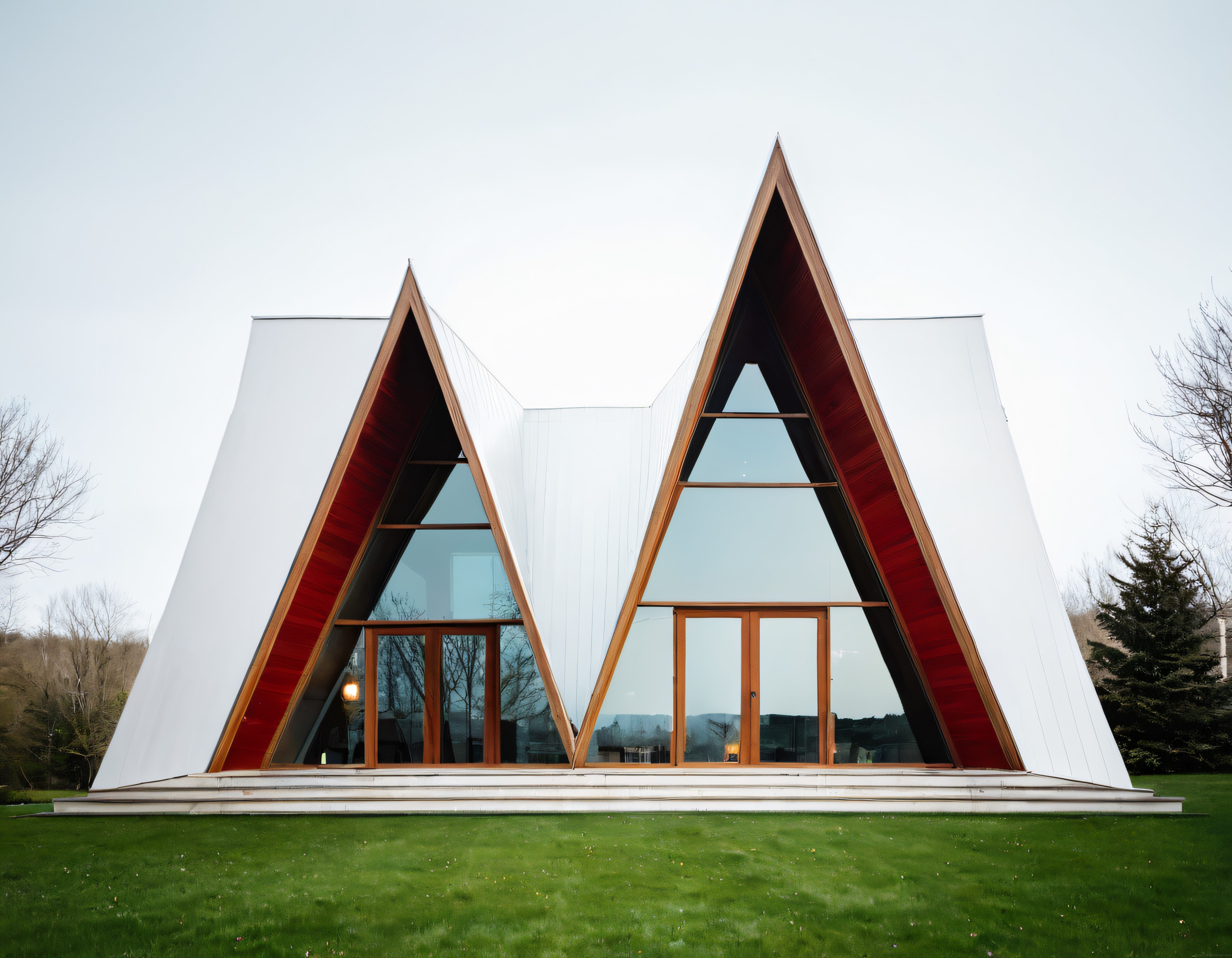 Doğanın İçinde Gömülü Üçgen Çatılı Modern Ahşap ve Cam Kır Evi
