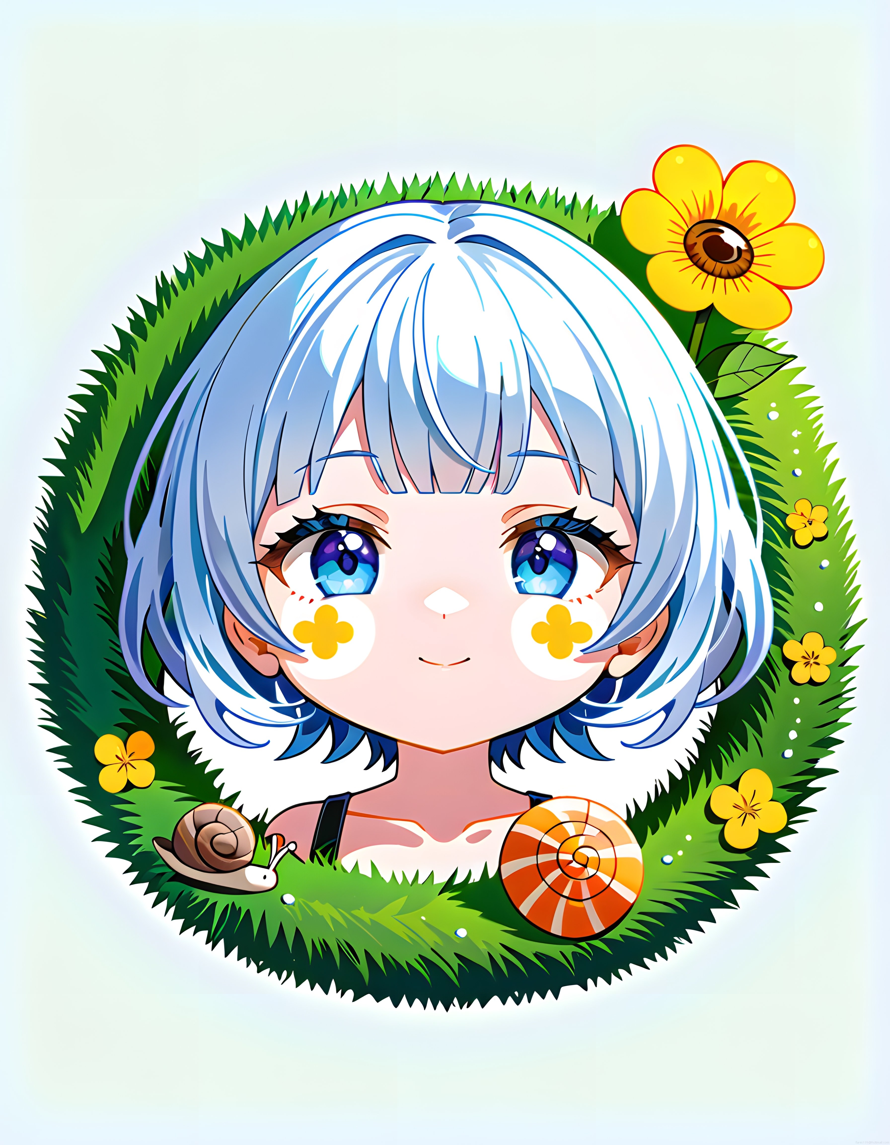 Doğanın İçinde Mavi Gözlü Anime Karakter ve Sevimli Salyangozlar İllüstrasyonu