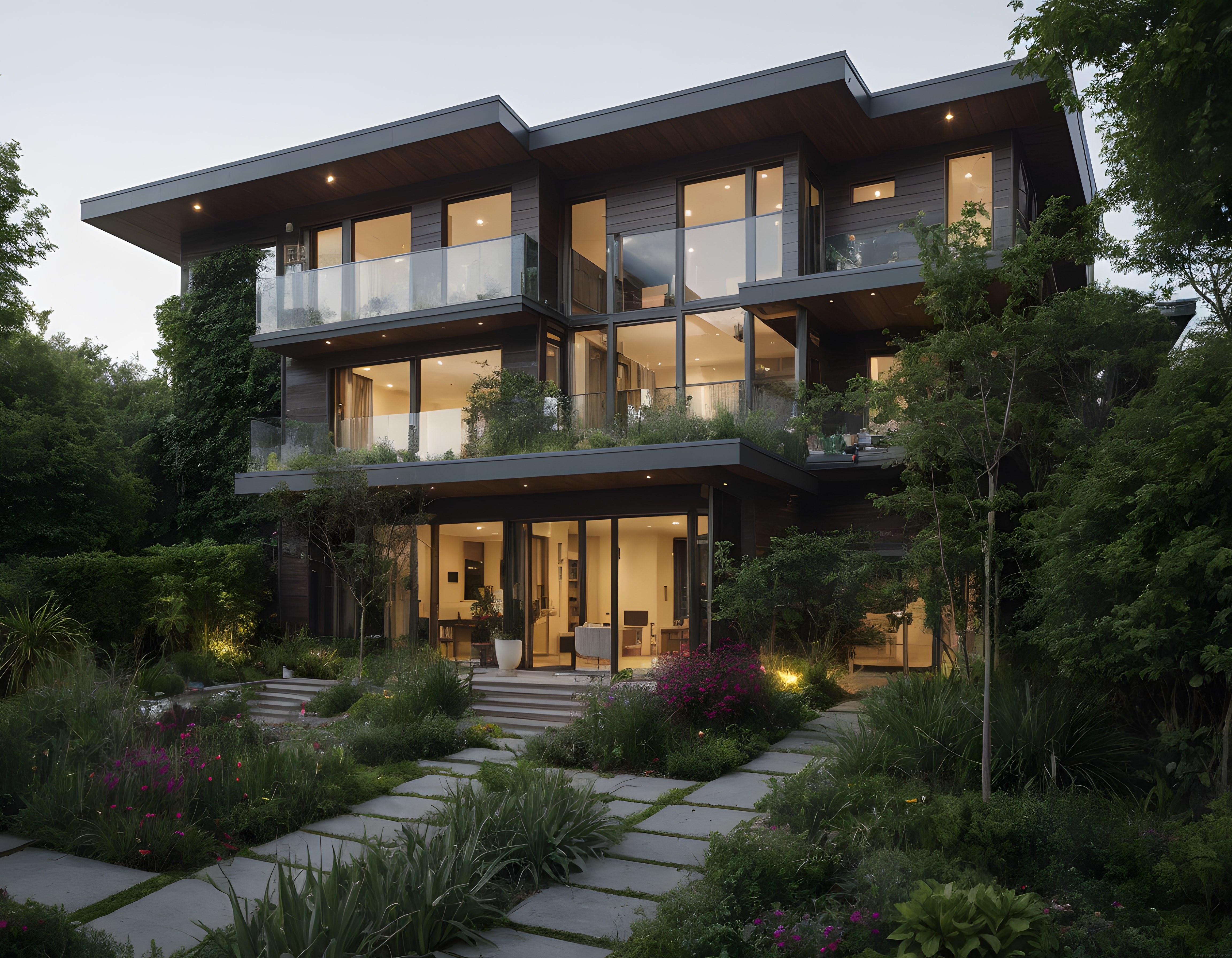 Doğayla Bütünleşen Cam Cepheli Modern Villa ve Zengin Peyzaj Tasarımı