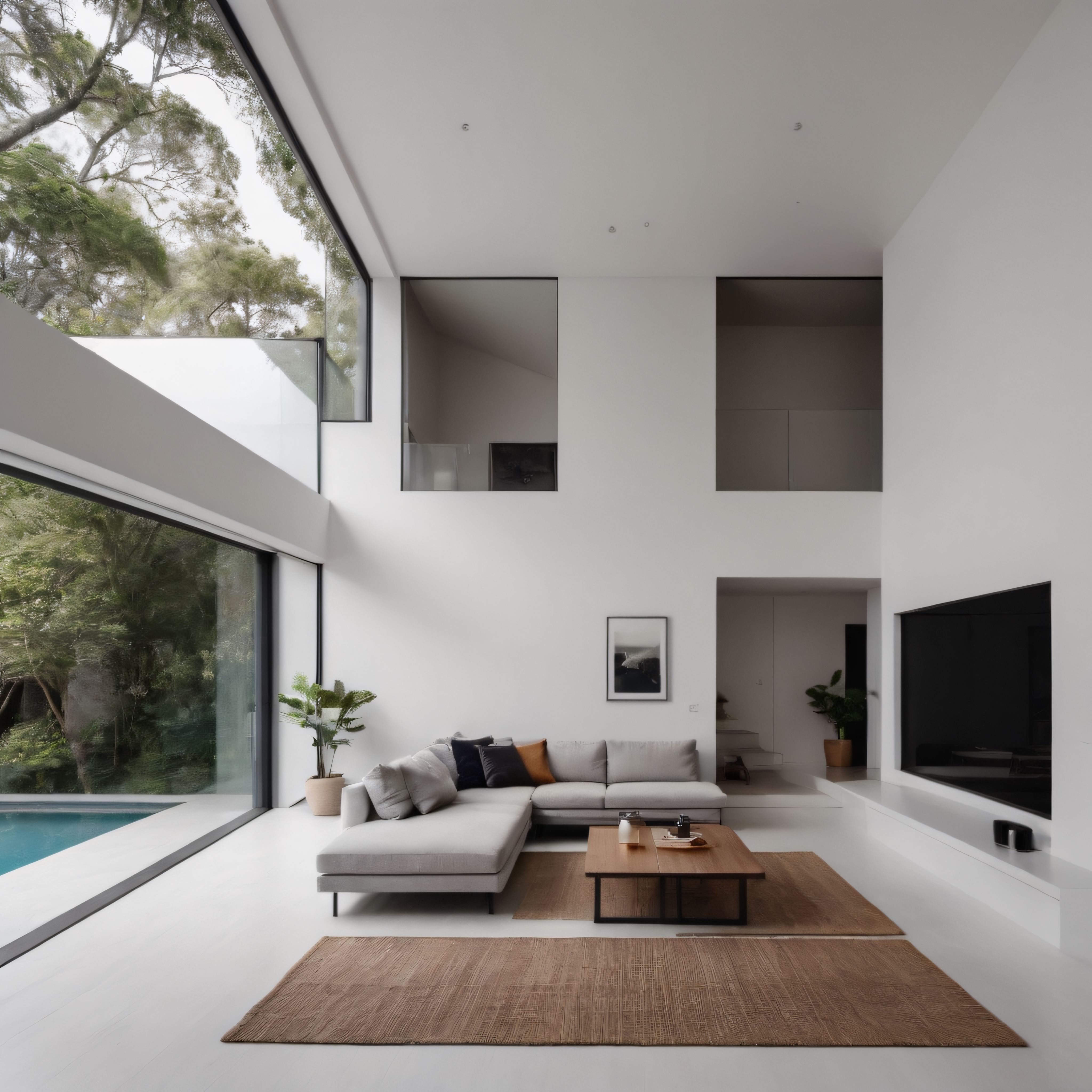Doğayla Bütünleşen Modern Minimalist Salon ve Yüksek Tavanlı Yaşam Alanı