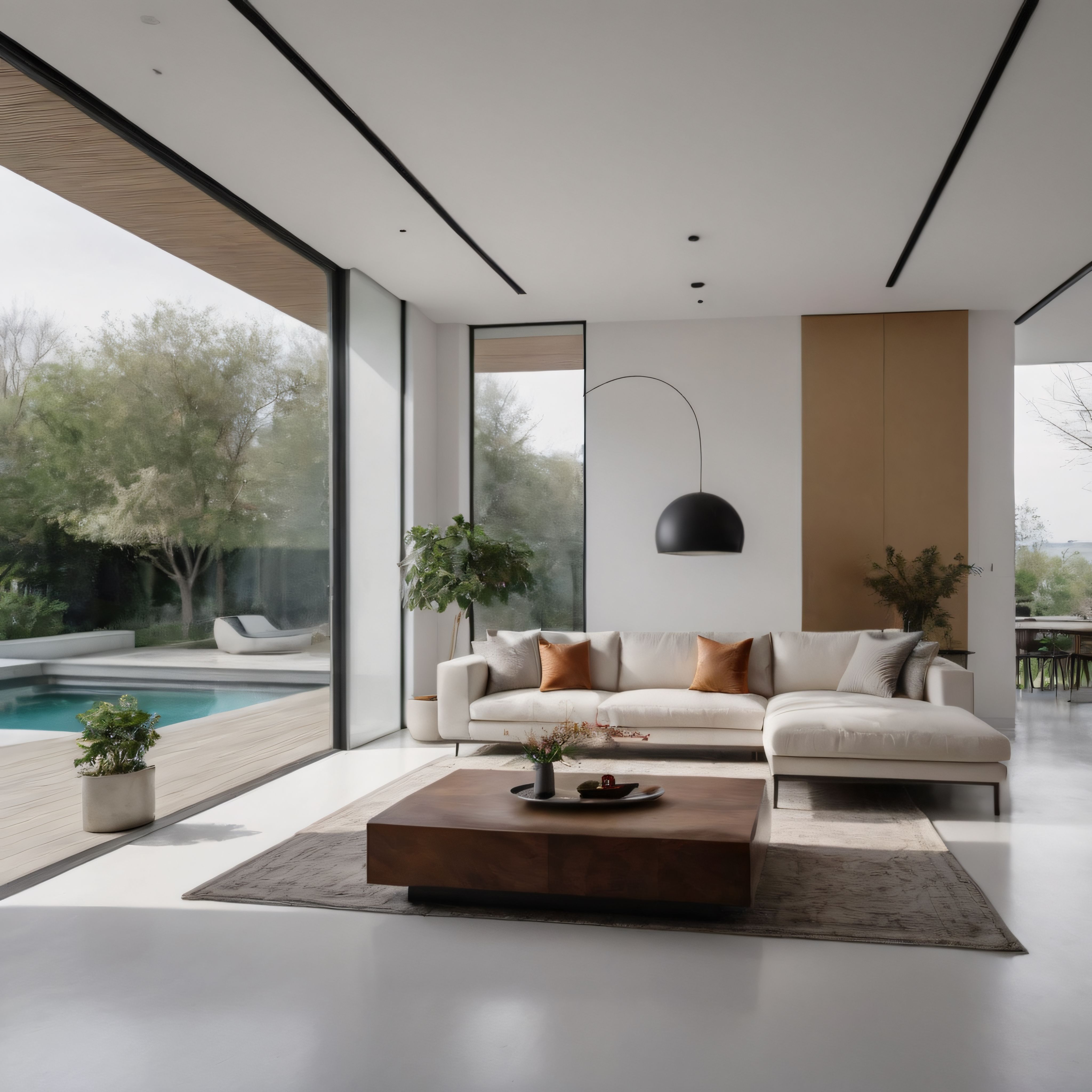 Doğayla Bütünleşen Modern Salon: Havuz Manzaralı Minimalist Yaşam Alanı