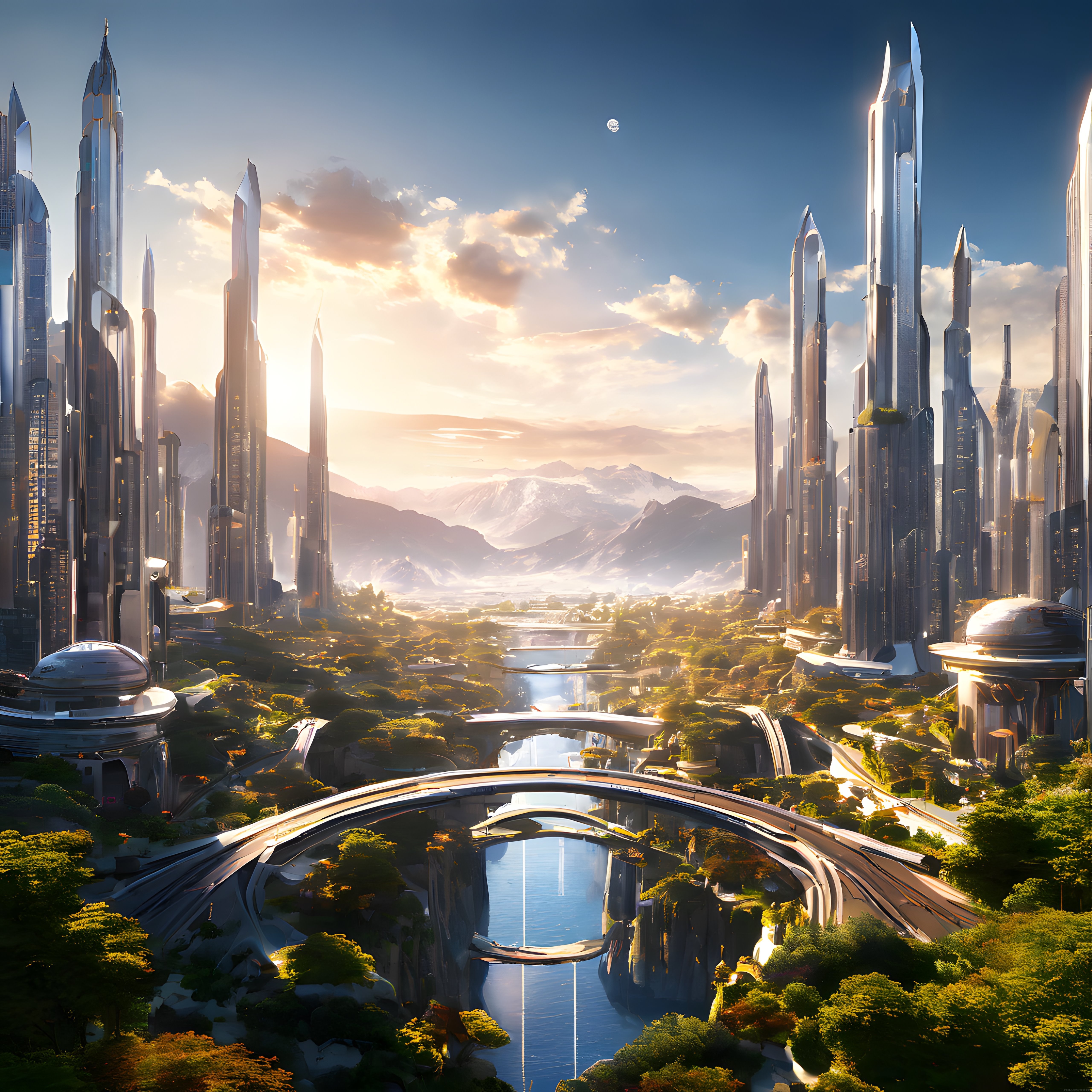 Doğayla Bütünleşen Utopik Gelecek Şehri: Fütüristik Mimari ve Altın Saat Işığı