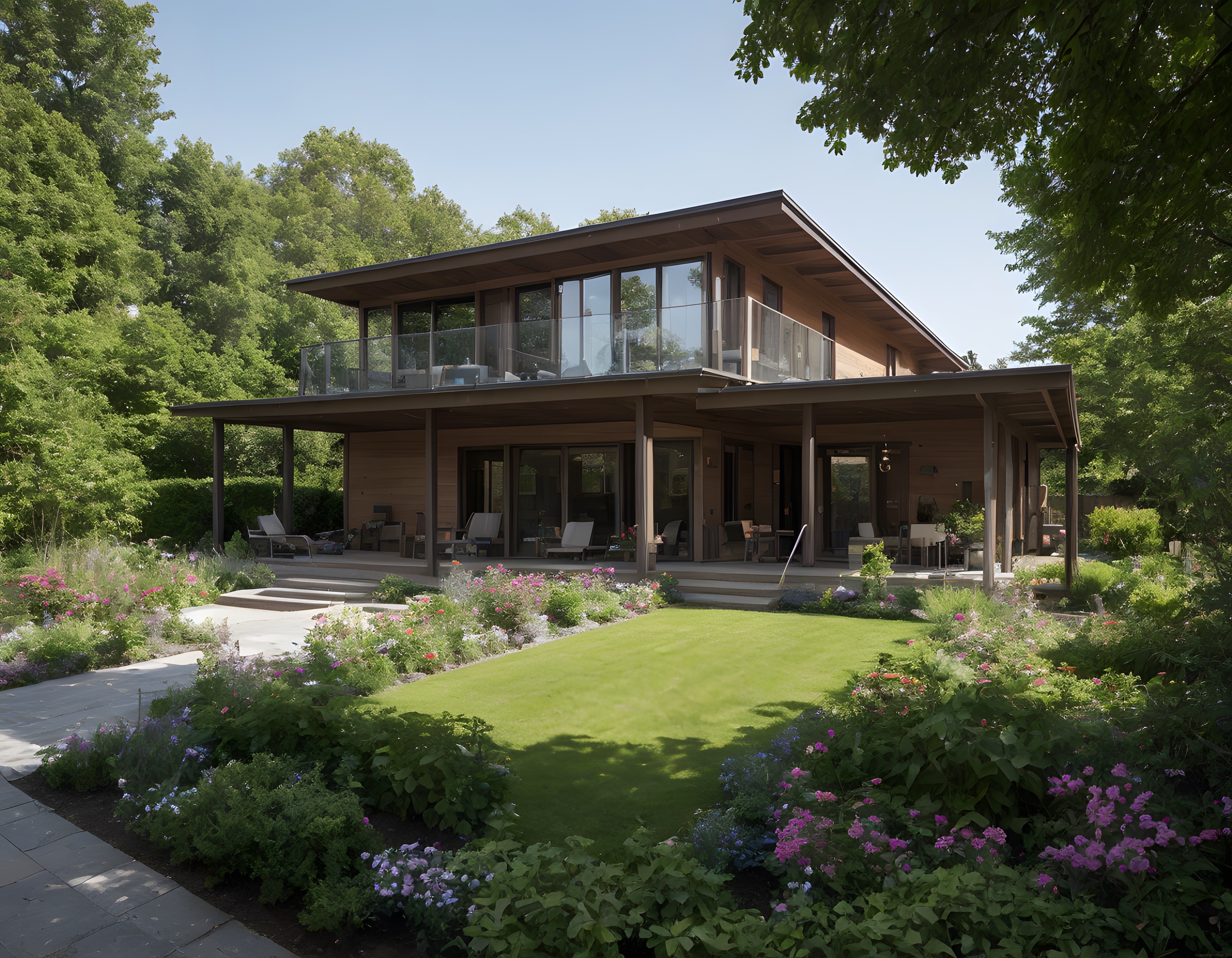 Doğayla Bütünleşik Geniş Teraslı Modern Ev ve Peyzaj Bahçesi