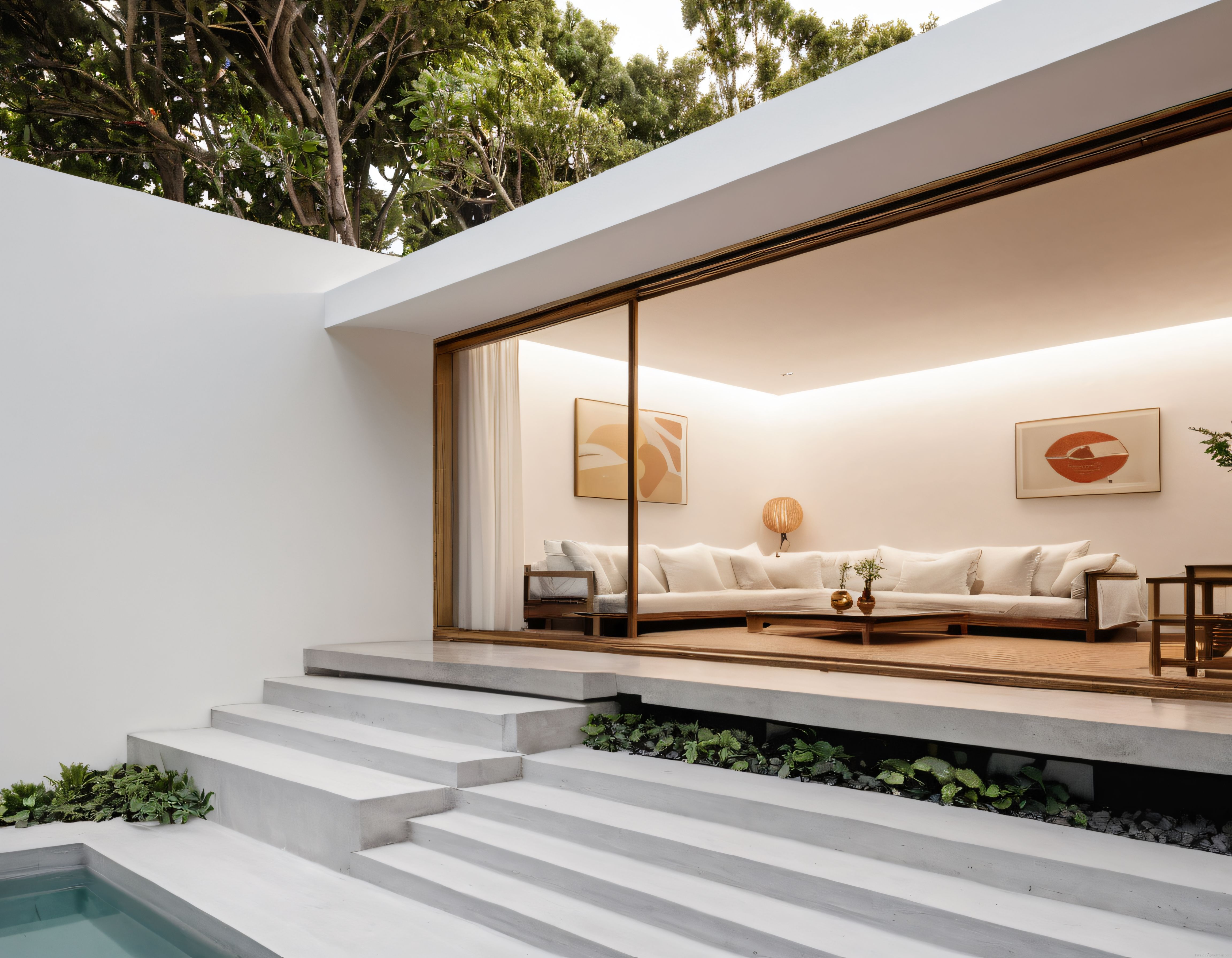 Doğayla iç içe geçen modern minimalist mimari ve şık havuz başı mekanı