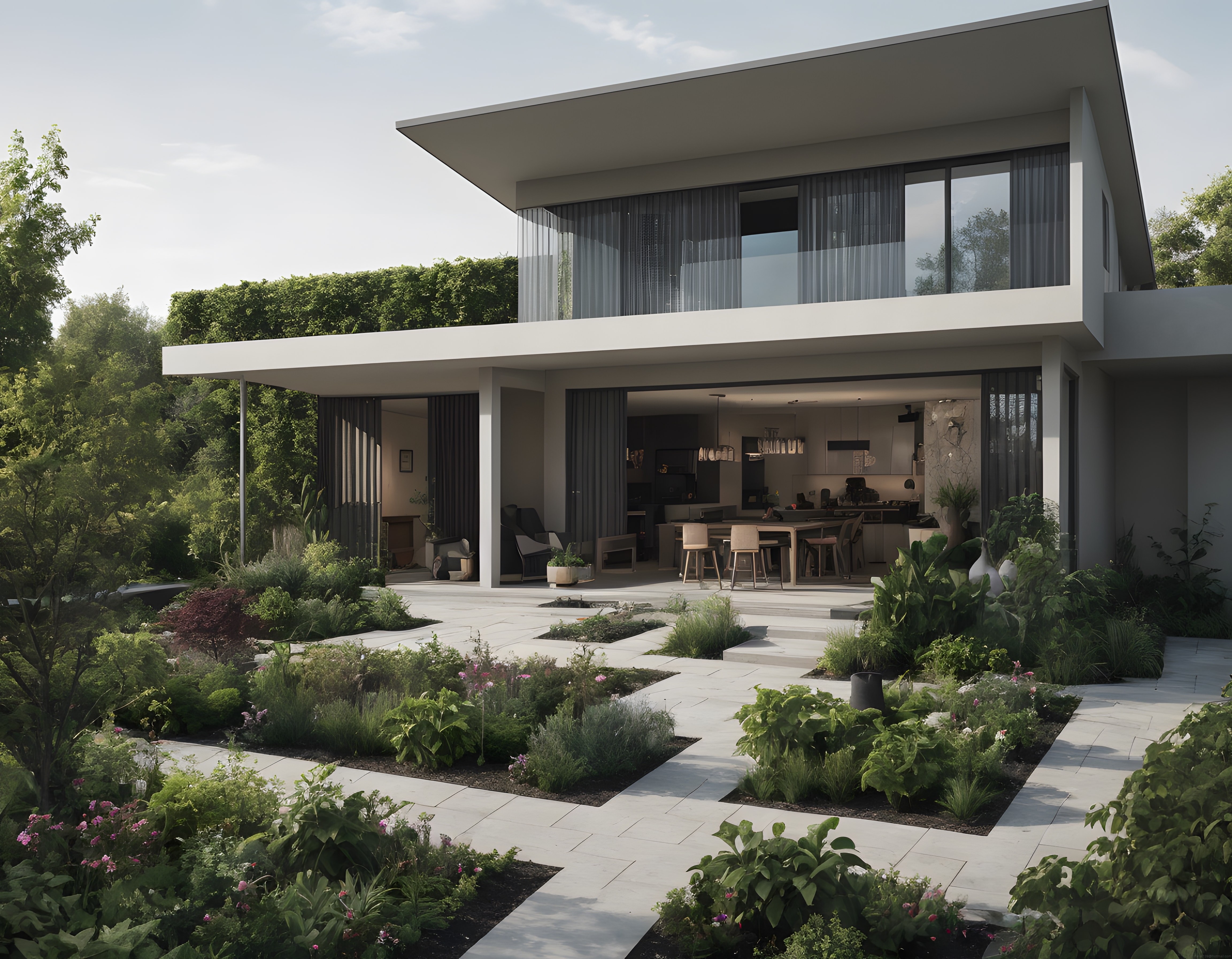 Doğayla iç içe modern çağdaş mimari konut ve zengin peyzaj tasarımı