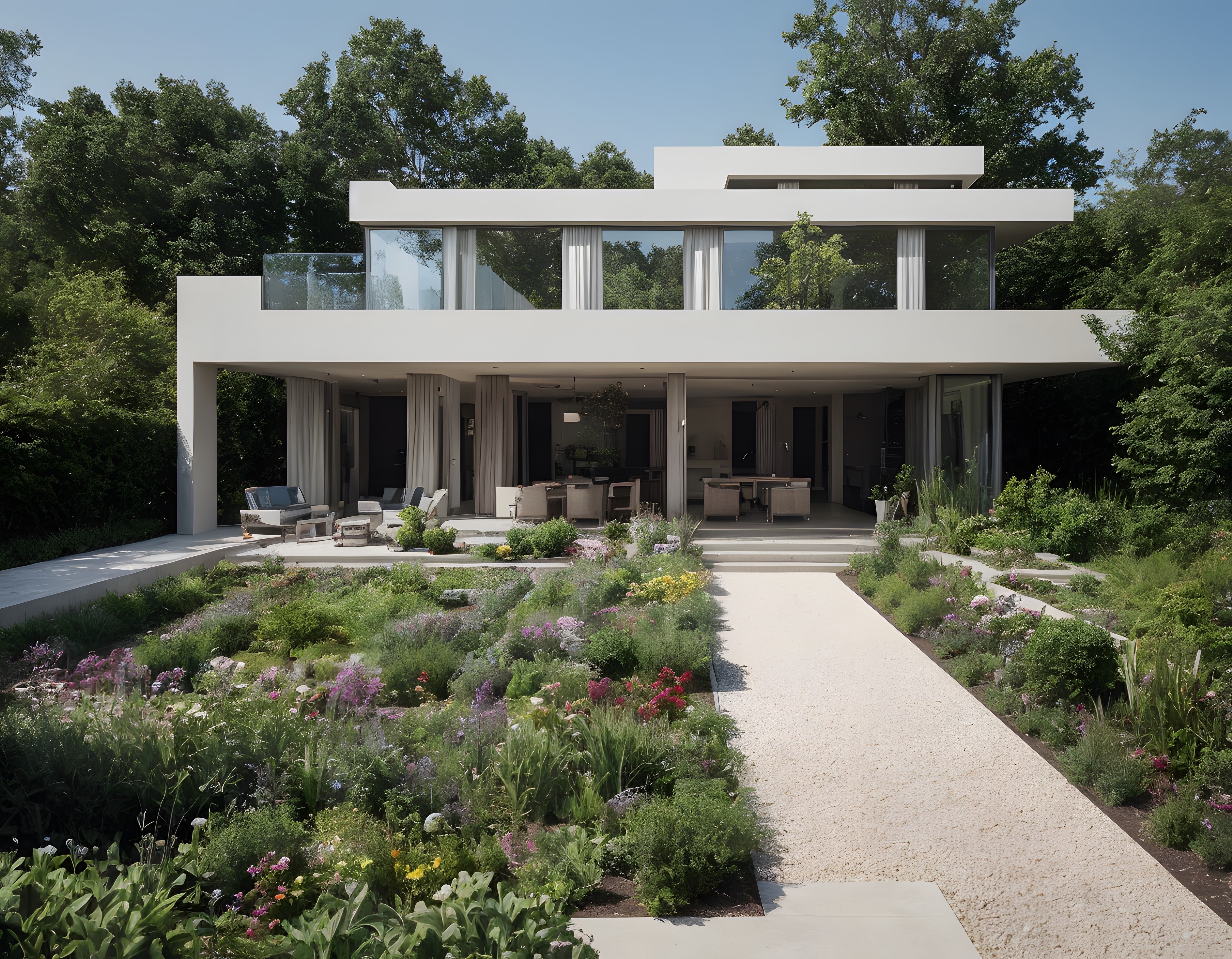Doğayla İç İçe Modern Mimari: Geniş Camlı Beyaz Villa ve Rengarenk Bahçe