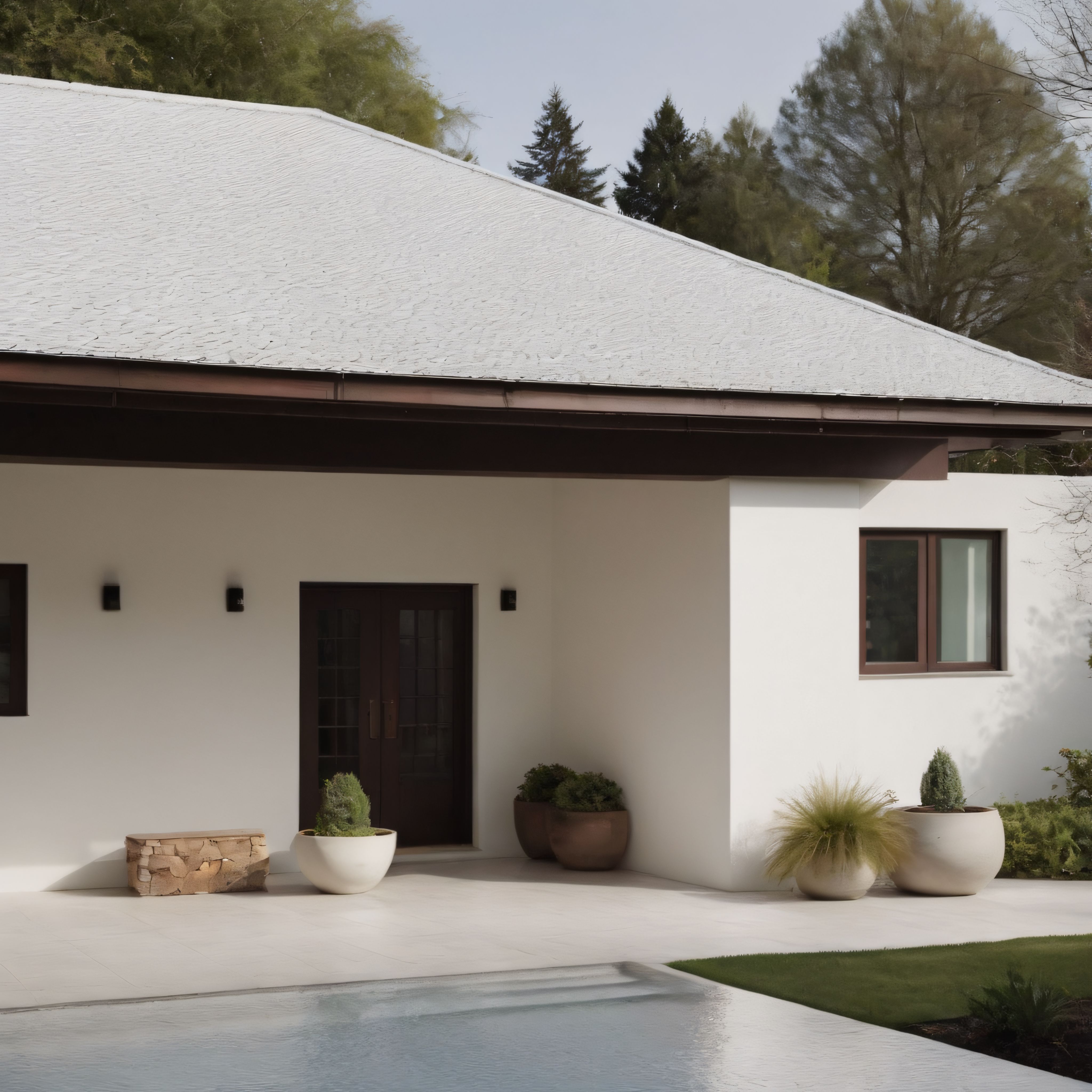 Doğayla iç içe modern villa: beyaz cepheli minimalist yapı ve havuzlu avlu