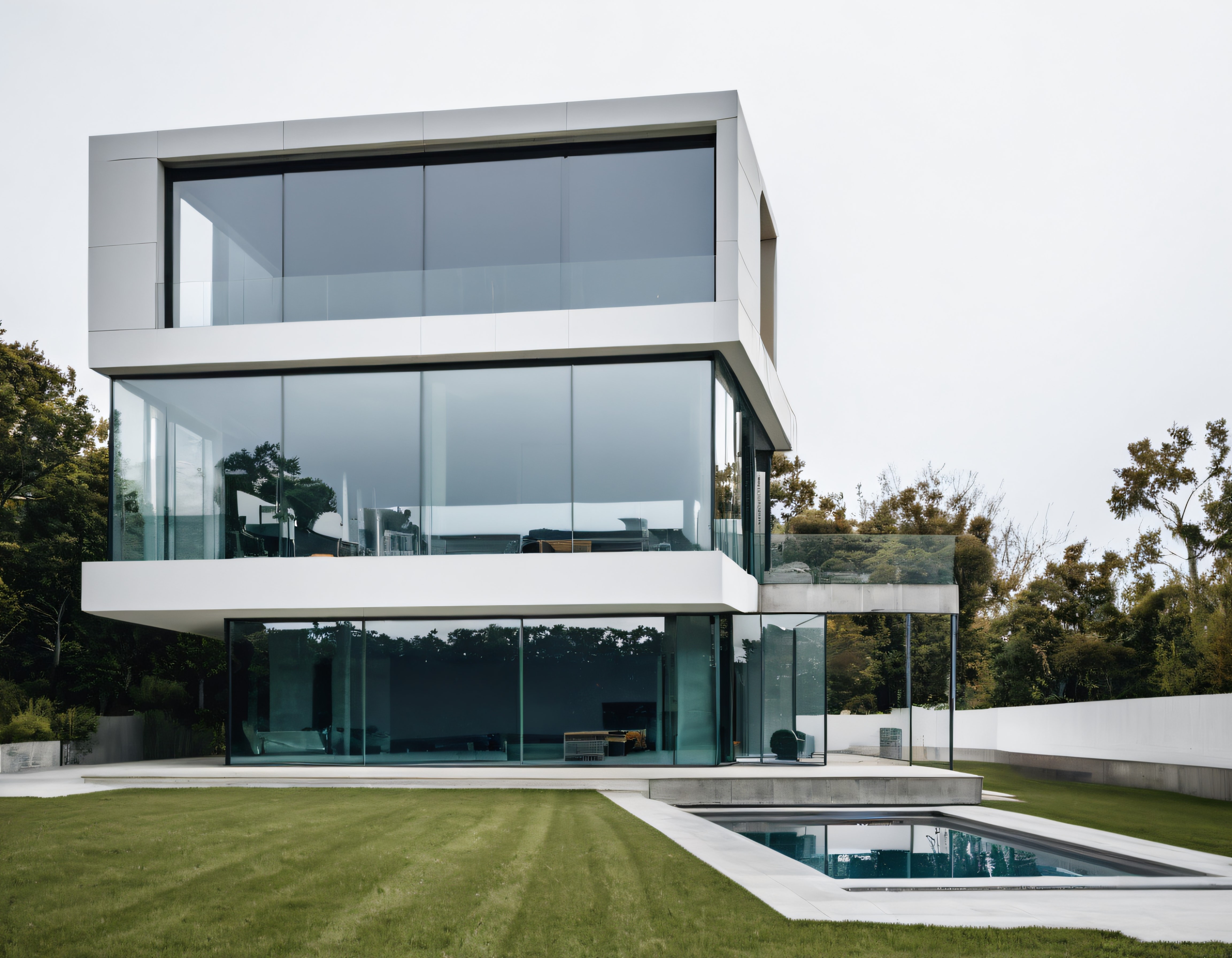 Doğayla iç içe yerleşik cam cepheli havuzlu modern minimalist lüks villa