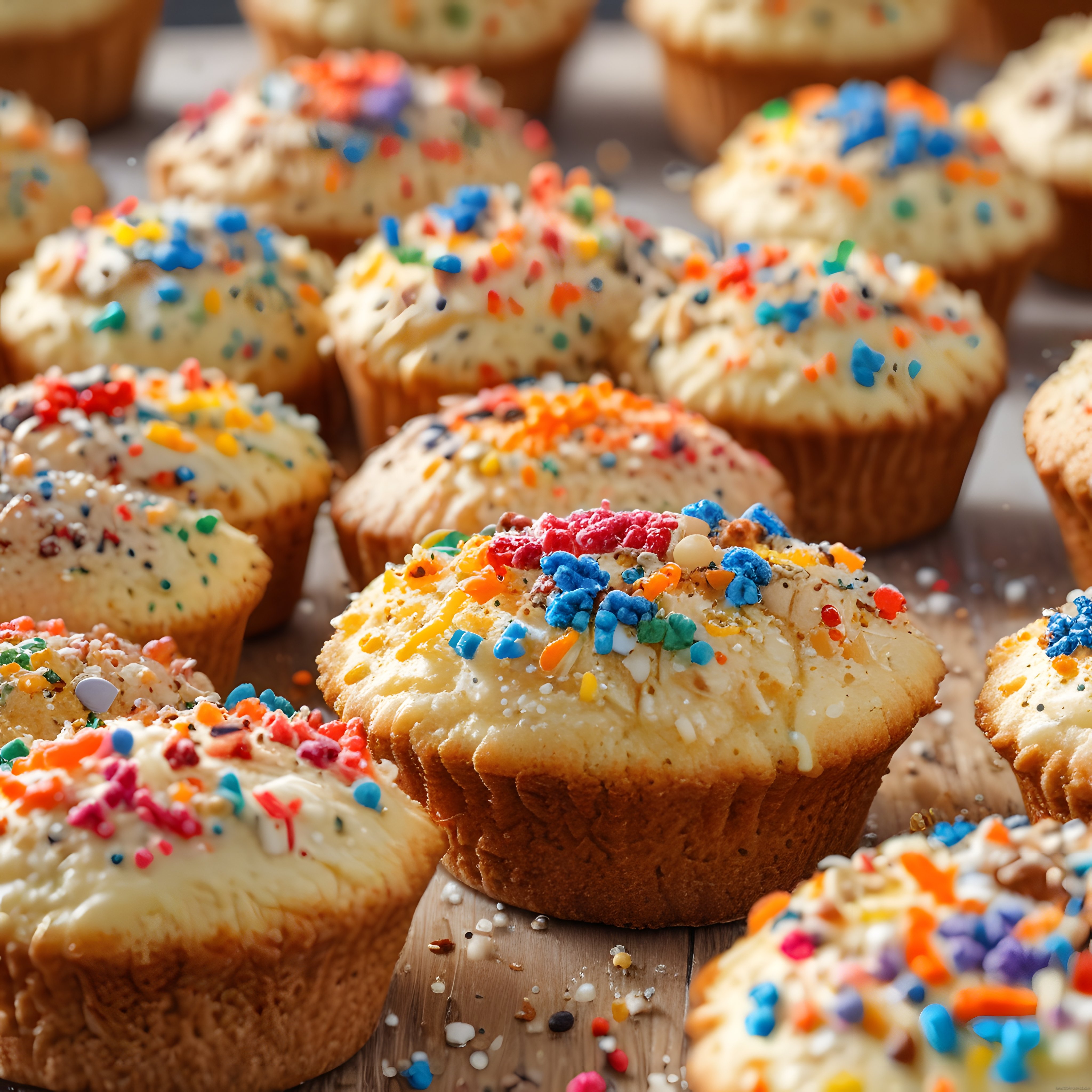 Doğum günü için renkli kremalı cupcake'ler ahşap masa üzerinde sunum