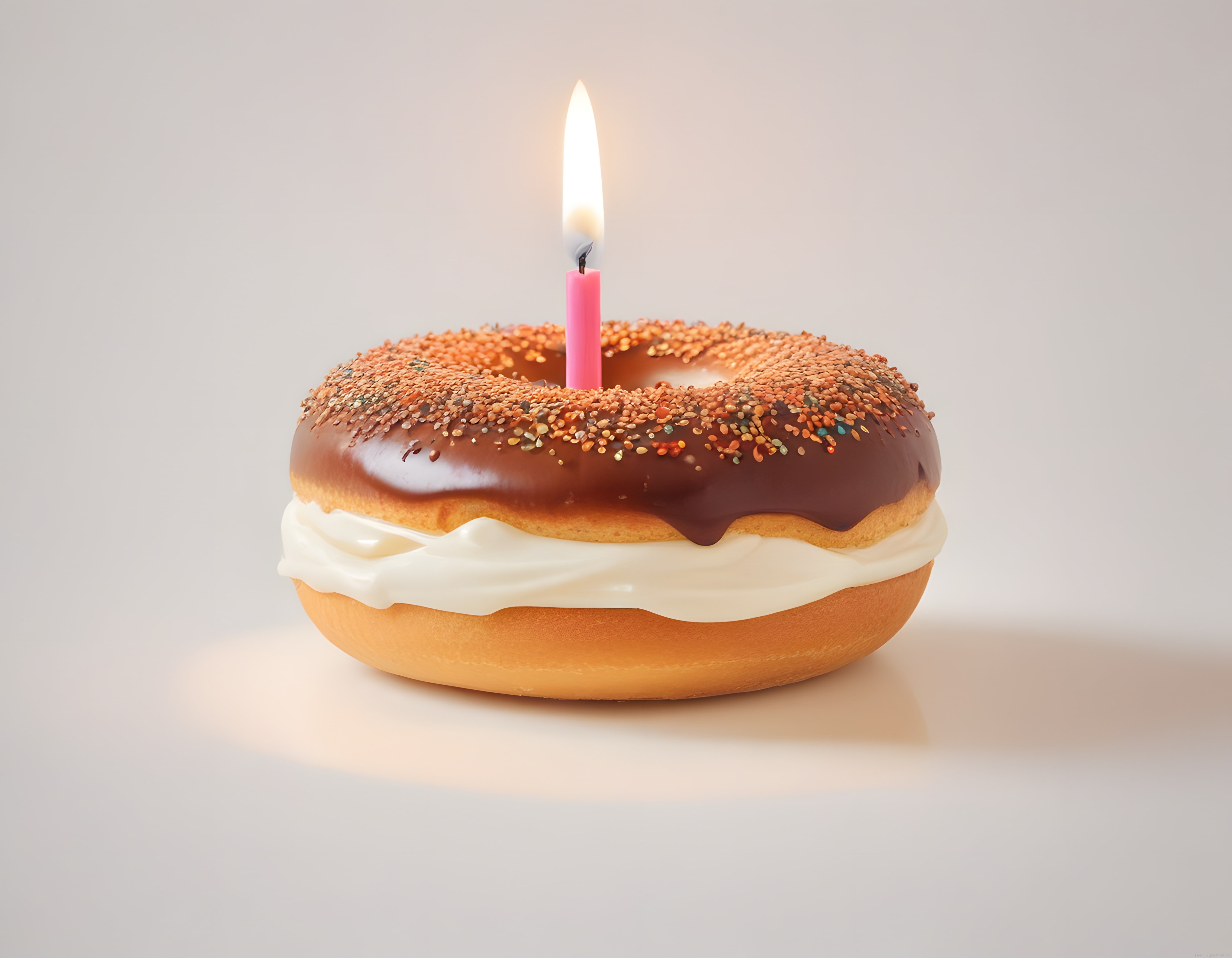 Doğum Günü İçin Yanan Pembe Mumlu Çikolata Soslu ve Kremalı Donut