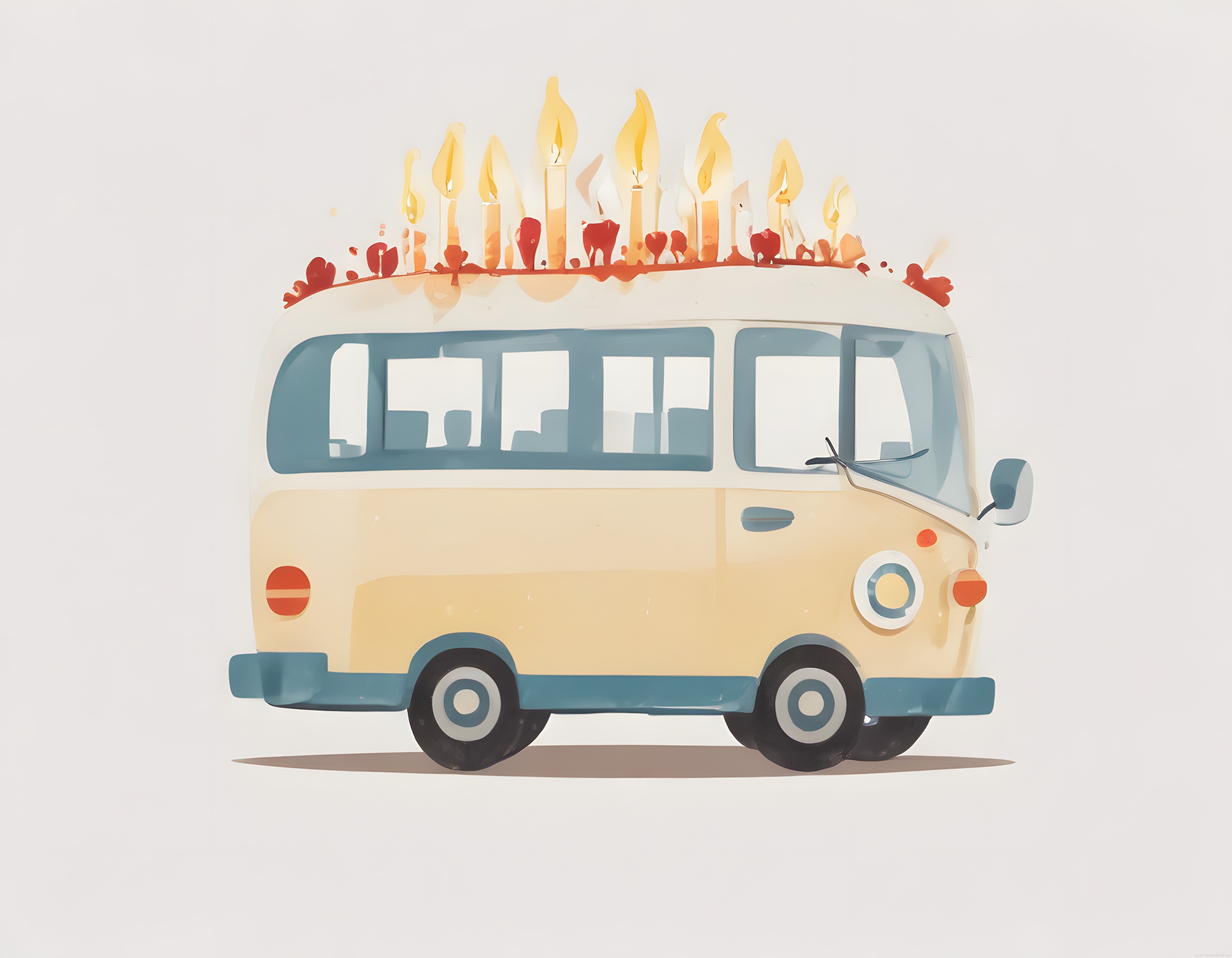 Doğum Günü Mumlarıyla Süslenmiş Retro Karavan Suluboya İllüstrasyonu