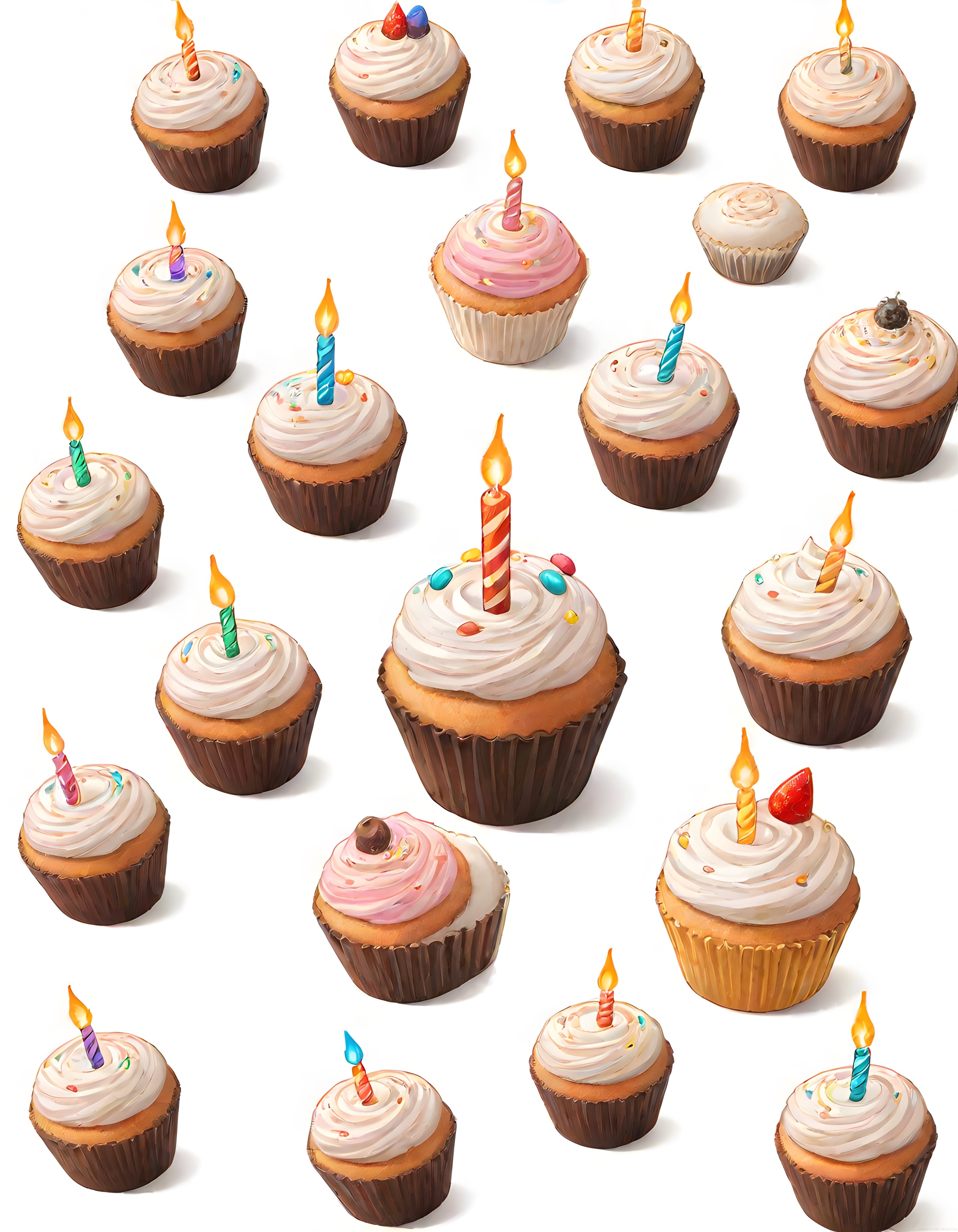 Doğum günü mumlu çeşitli cupcakelerin beyaz zemin üzerinde neşeli sunumu