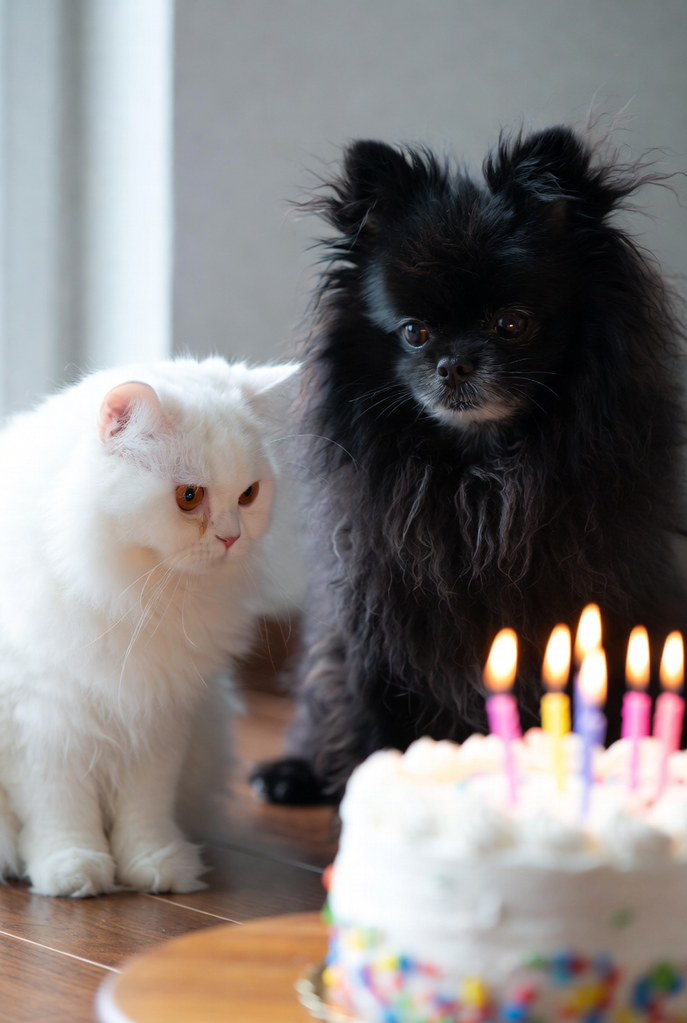 doğum günü pastası önünde poz veren sevimli kedi ve köpek dostlar