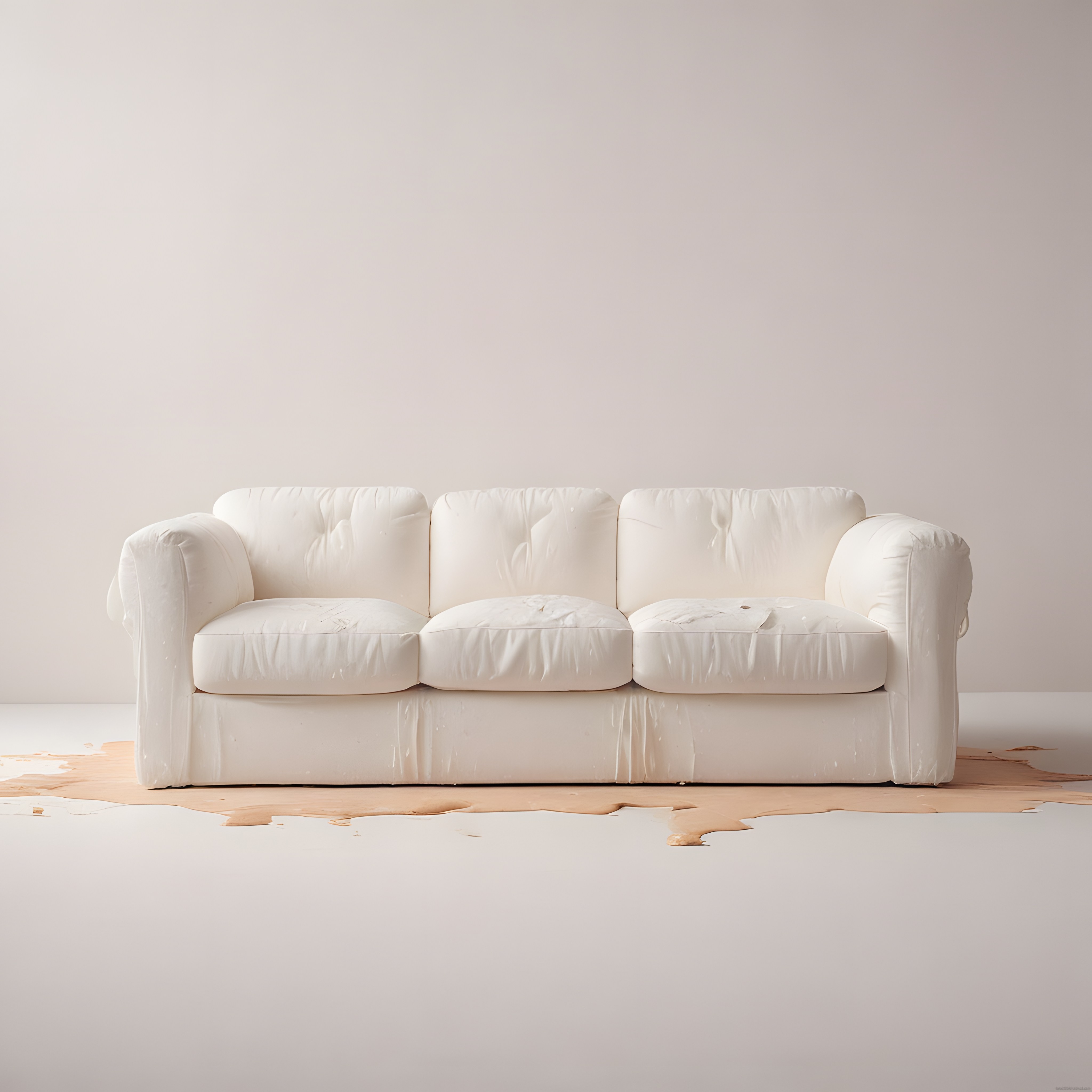 dökülmüş sıvı lekeli beyaz kanepe ile minimalist stüdyo kompozisyonu