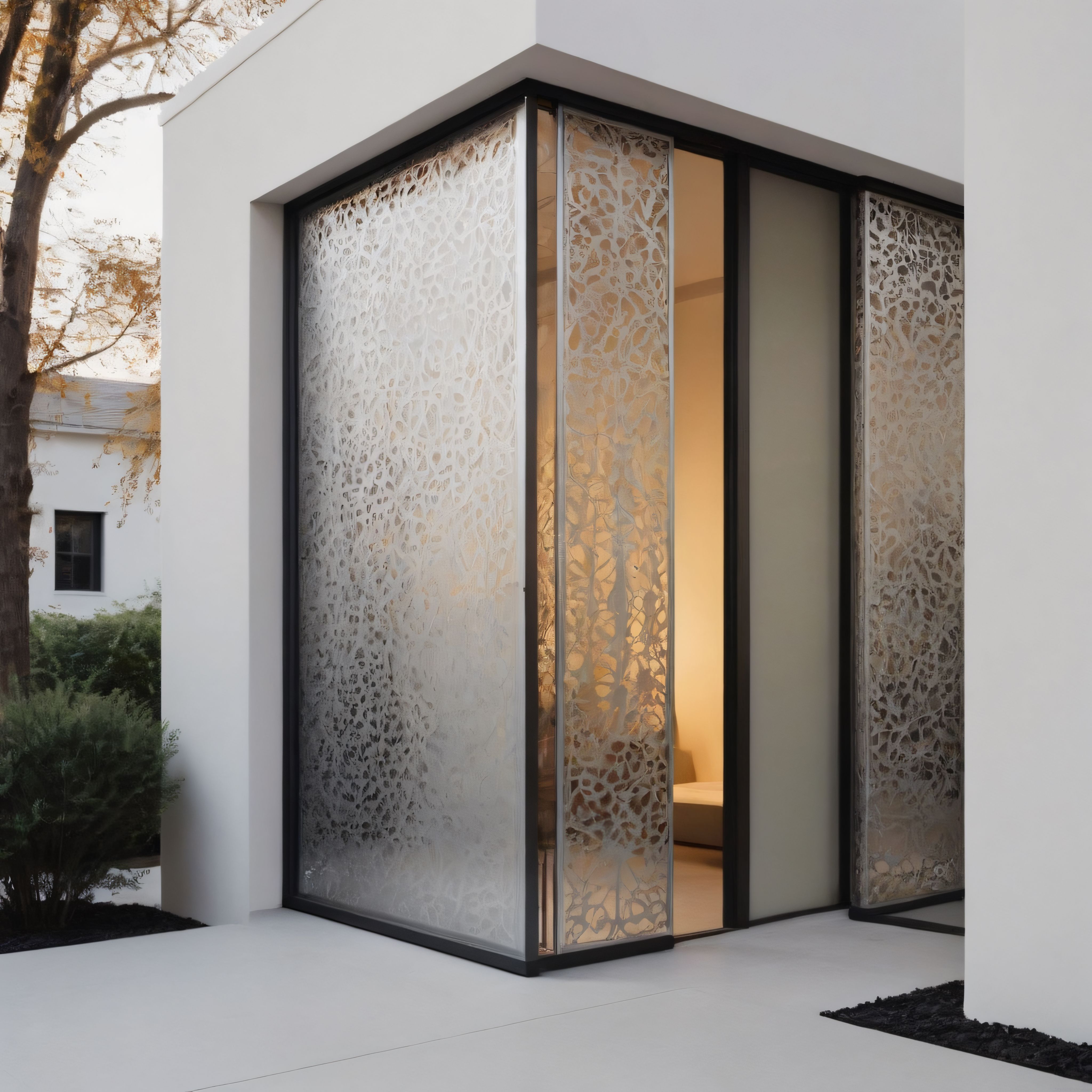 Dokulu cam paneller ve beyaz duvarlarla çevrili, iç mekan ışığıyla ısıtılmış modern minimalist ev köşesi