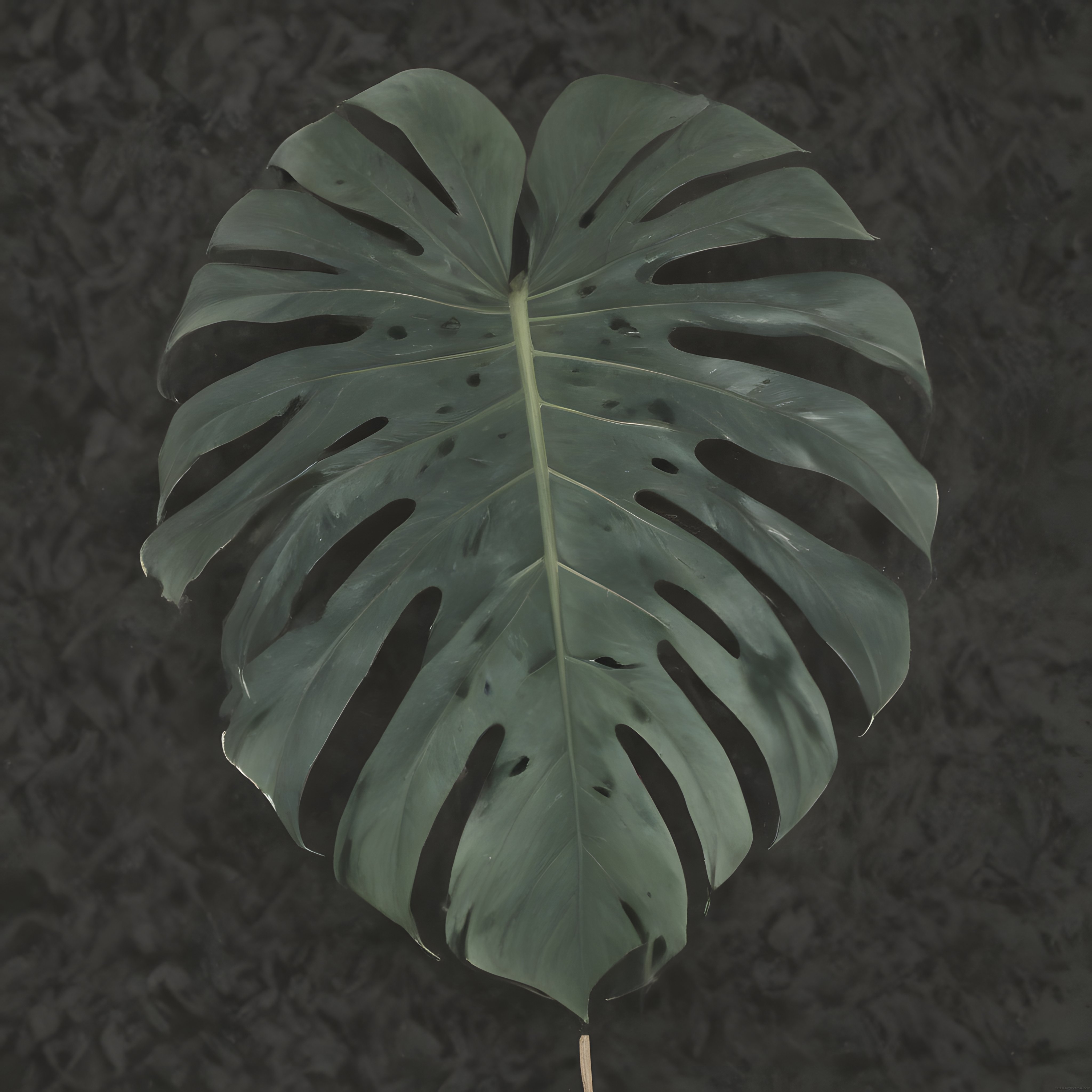 Dokulu koyu duvar önünde izole edilmiş tek bir büyük monstera deliciosa yaprağı