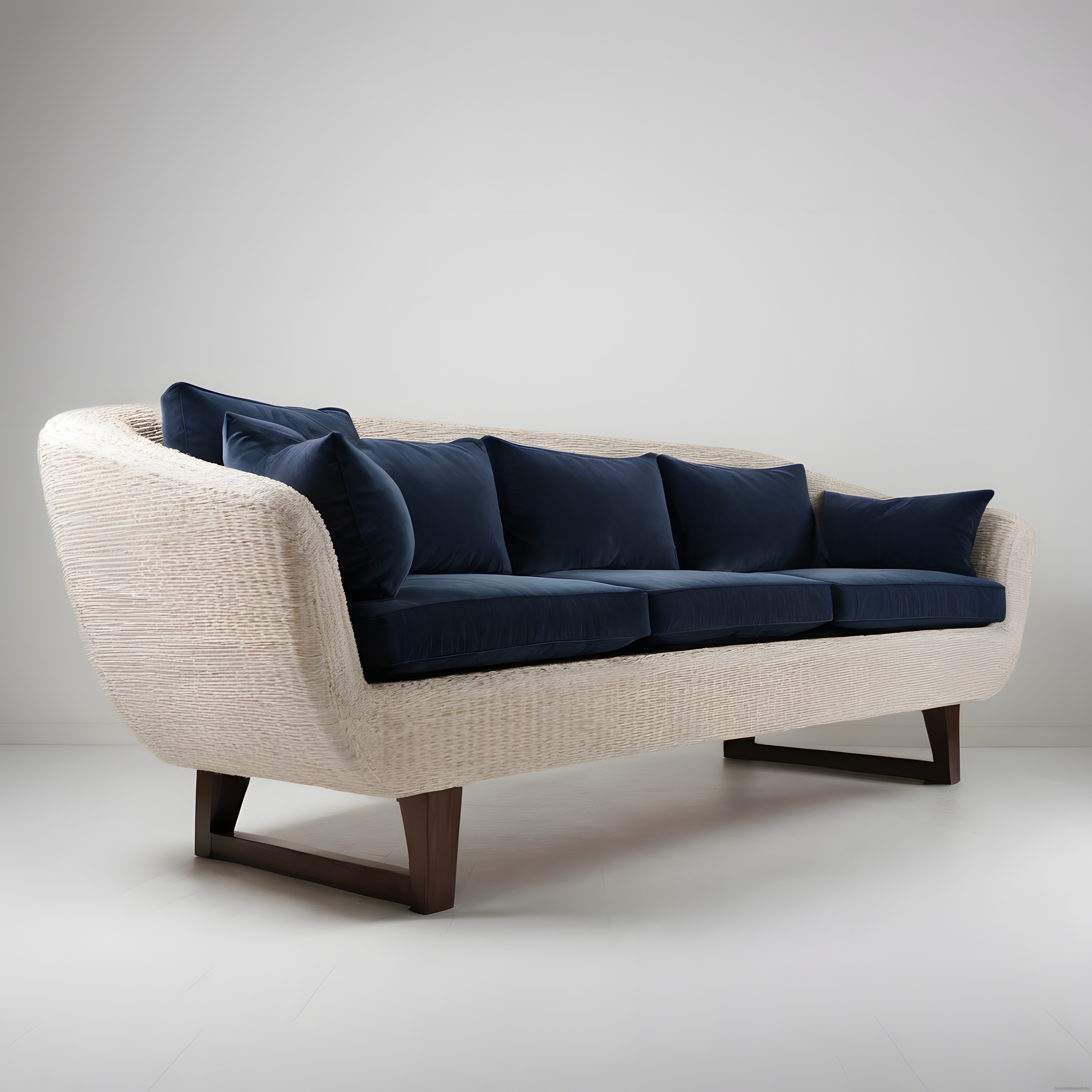 Dokulu krem kanepe ve lacivert kadife minderlerle modern minimalist salon dekoru