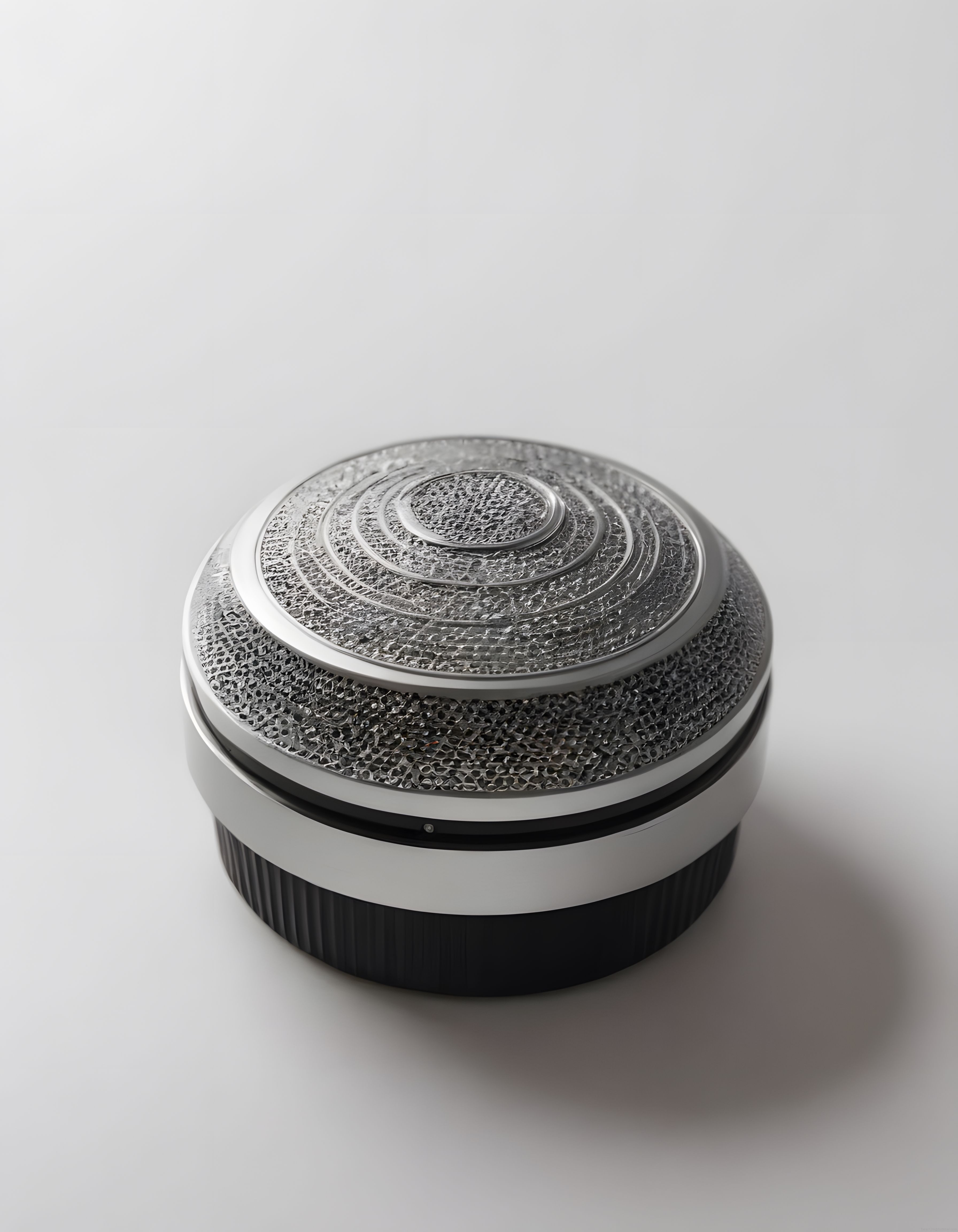 Dokulu Metal Kaplamalı Modern Yuvarlak Bluetooth Hoparlör ve Akıllı Ev Cihazı Tasarımı