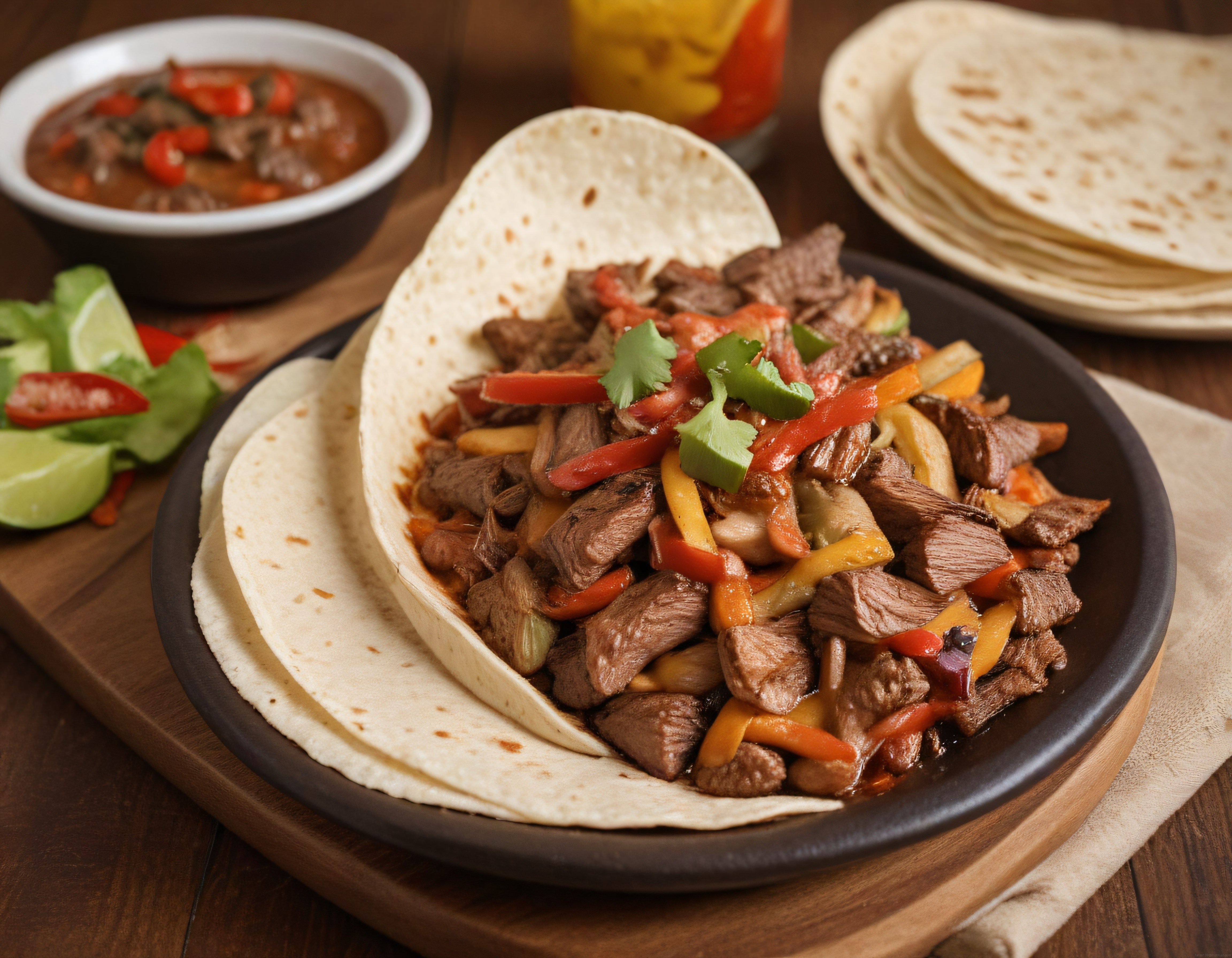 Döküm Tavada Biberli Dana Fajita ve Tortilla ile Egzotik Meksika Sunumu