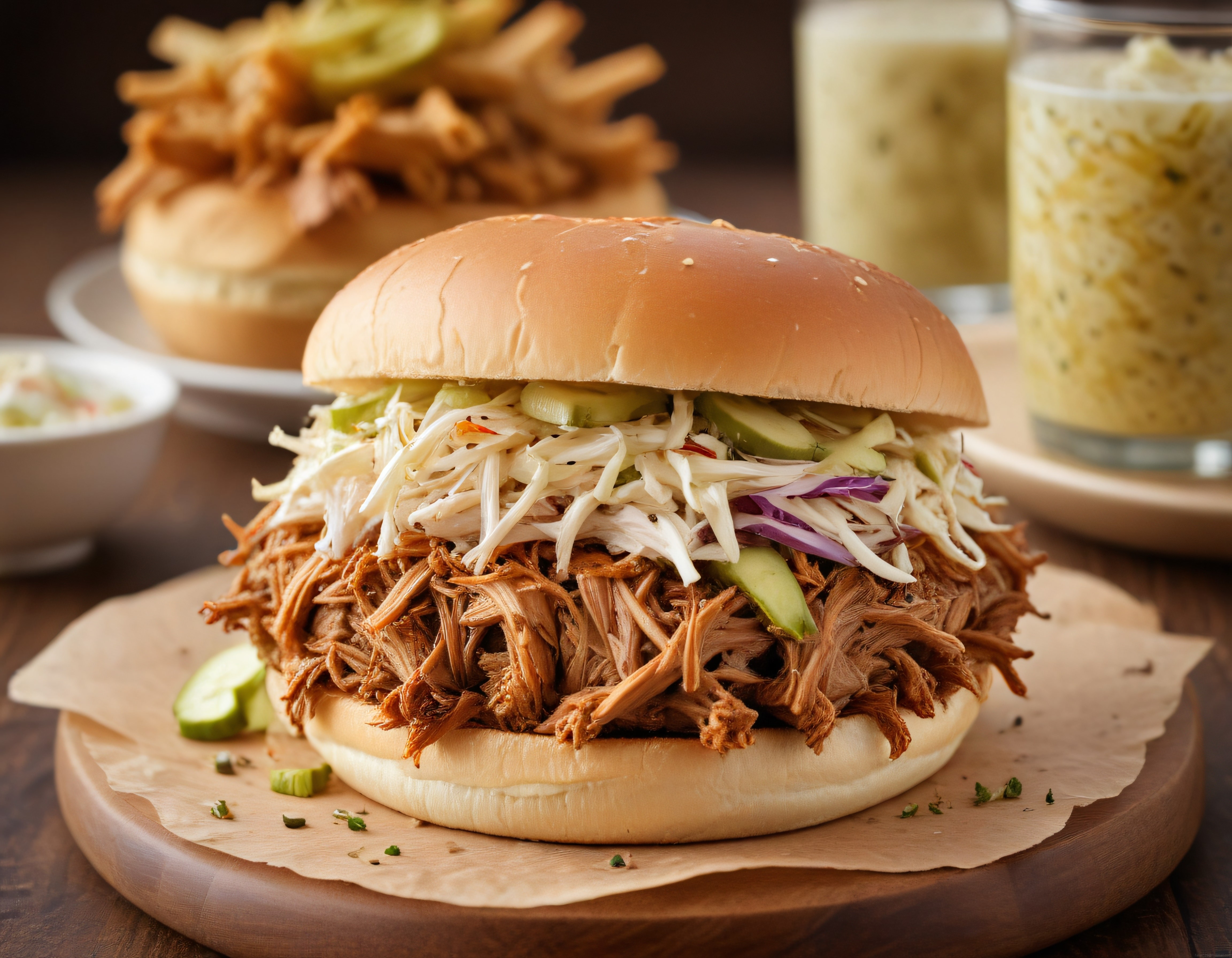 Dökümlü pulled pork burger, taze coleslaw ve çıtır patatesle nefis sunum