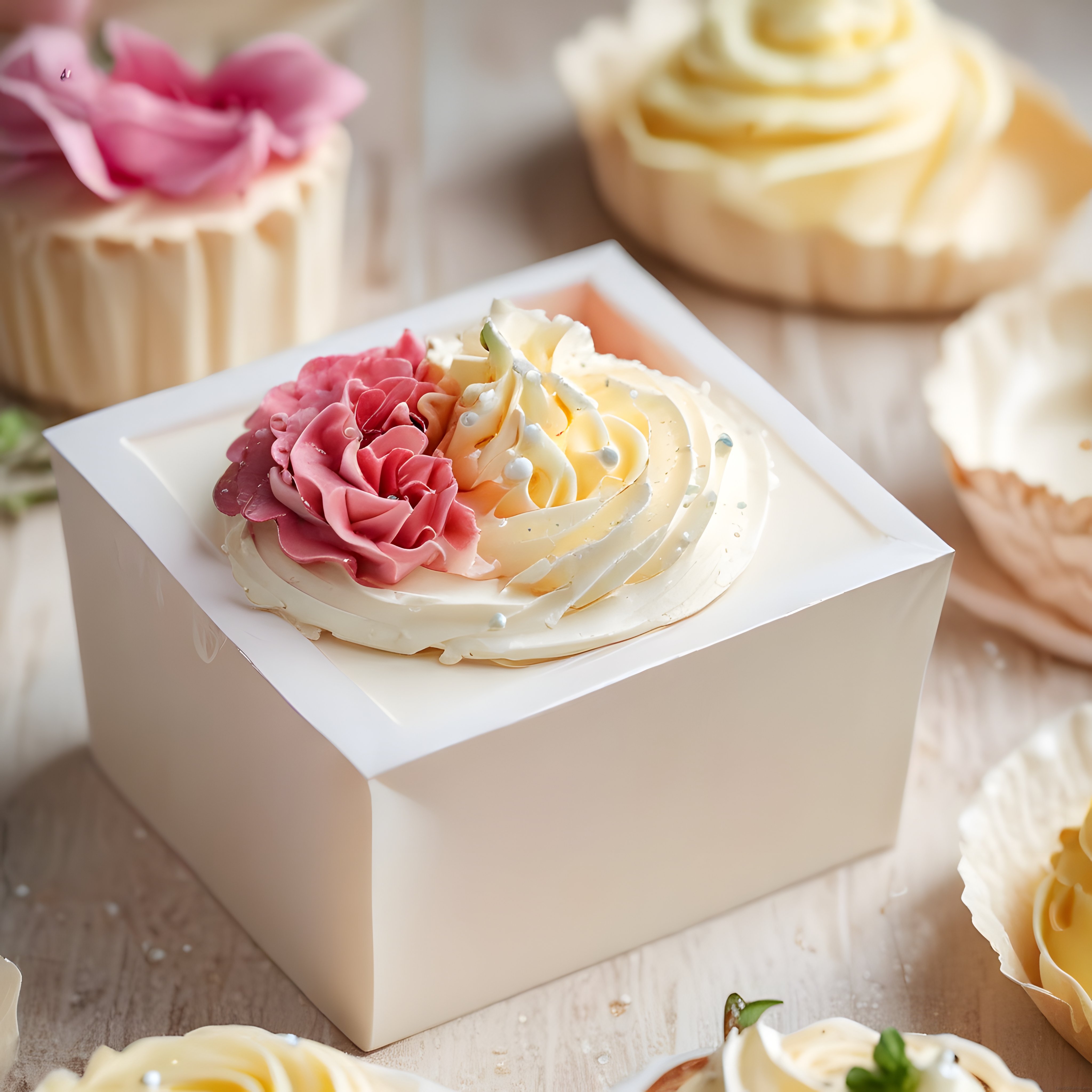 Dolgulu Mini Bento Pasta ve Etrafındaki Süslü Cupcakelerle Tatlı Masası