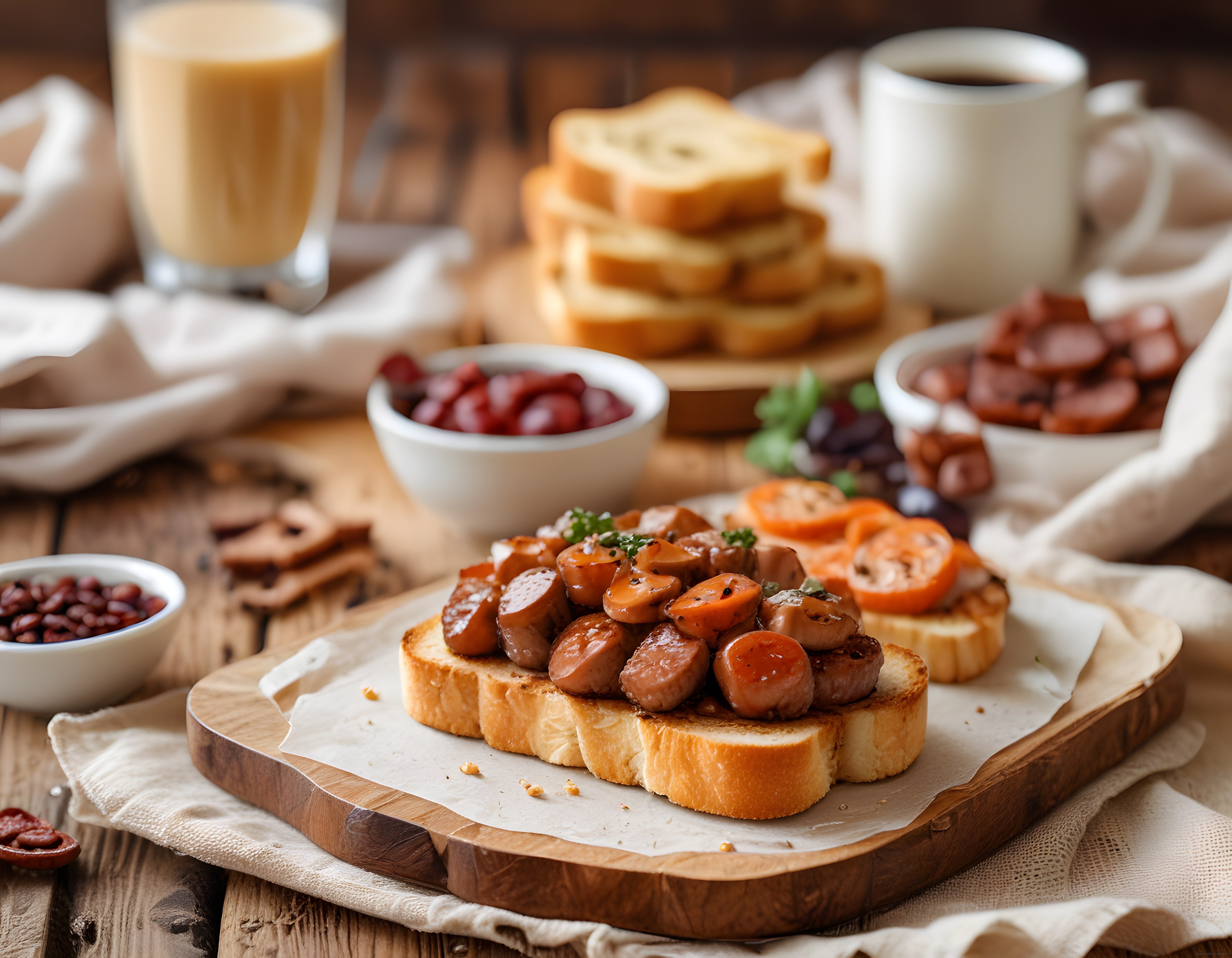 Dolgun kahvaltı sofrası: Tost üzerinde kızarmış sucuk dilimleri ve sıcak kahve