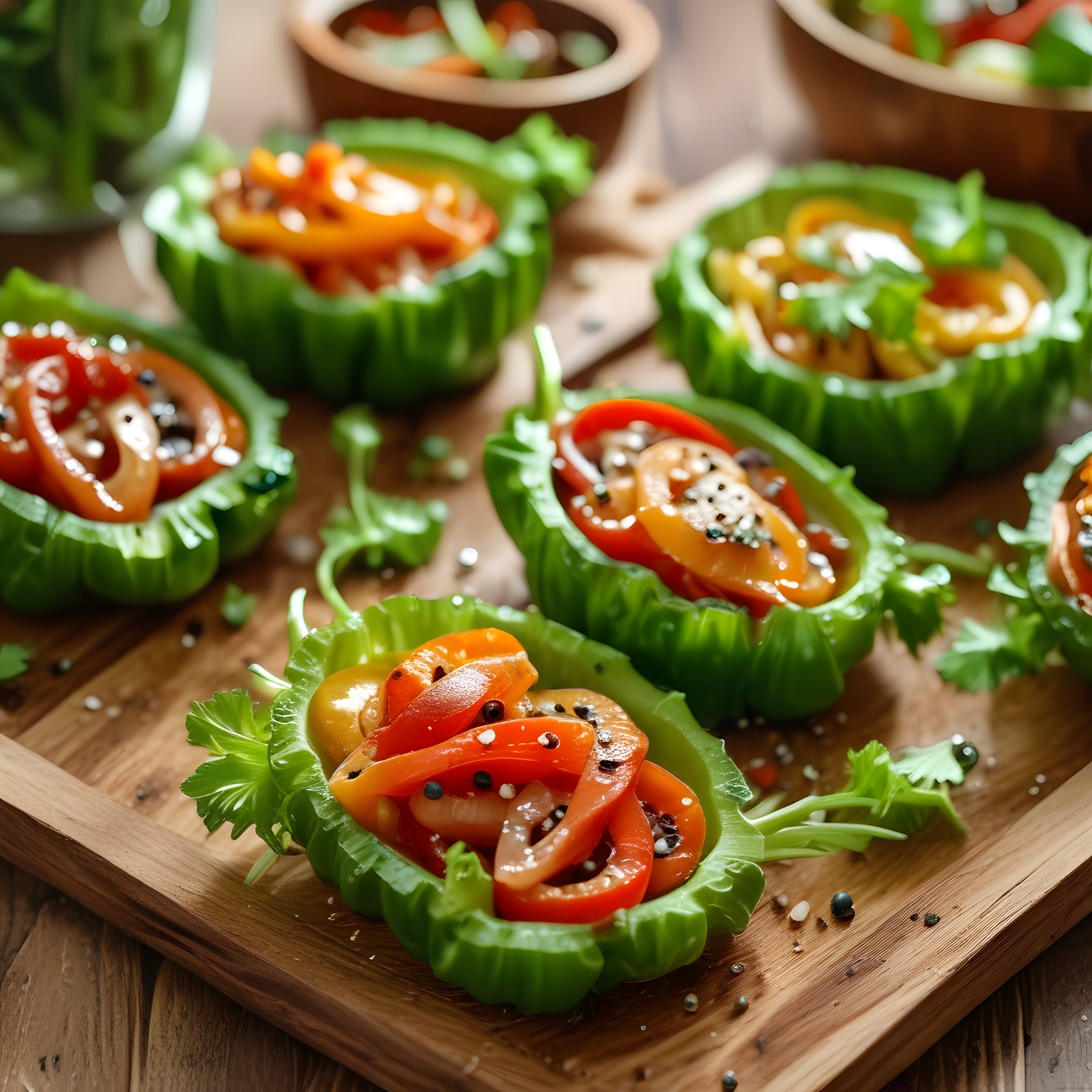 Dolmalık biberin içinde kırmızı ve sarı biber salatası