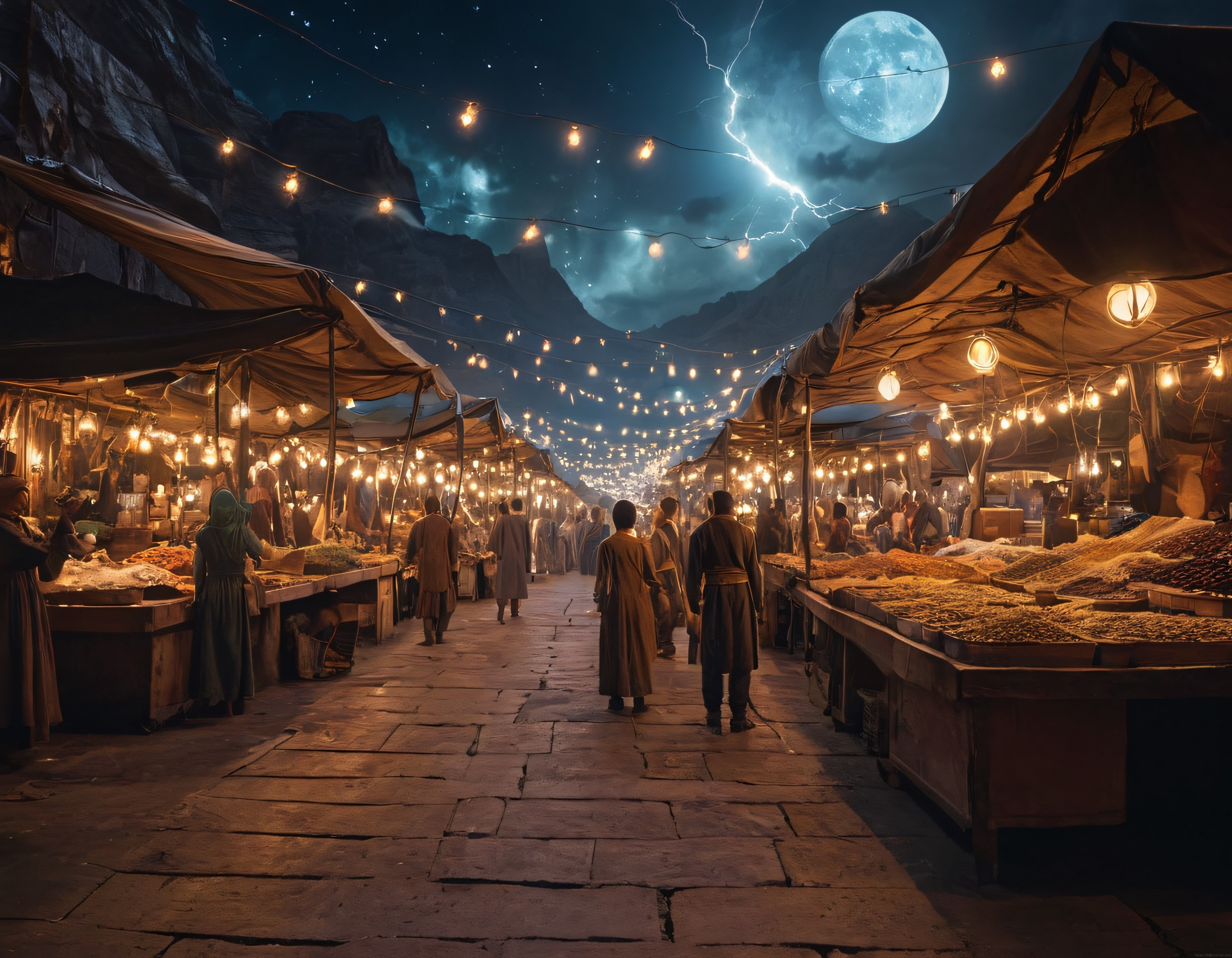 Dolunay Altında Geleneksel Baharat Çarşısında Büyülü Gece Atmosferi