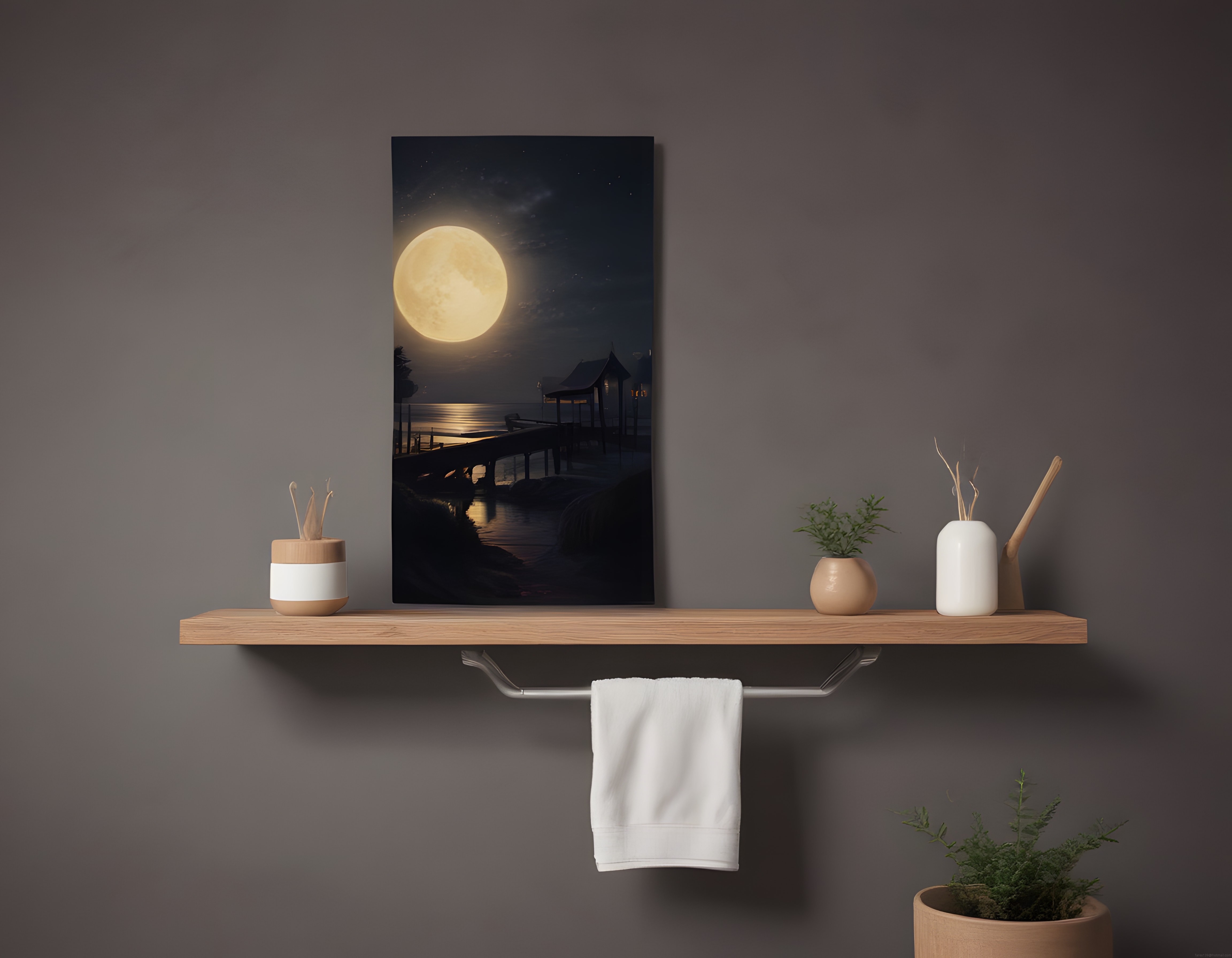 Dolunay Göl Manzaralı Kanvas Tablo ile Modern Banyo Duvar Dekorasyonu