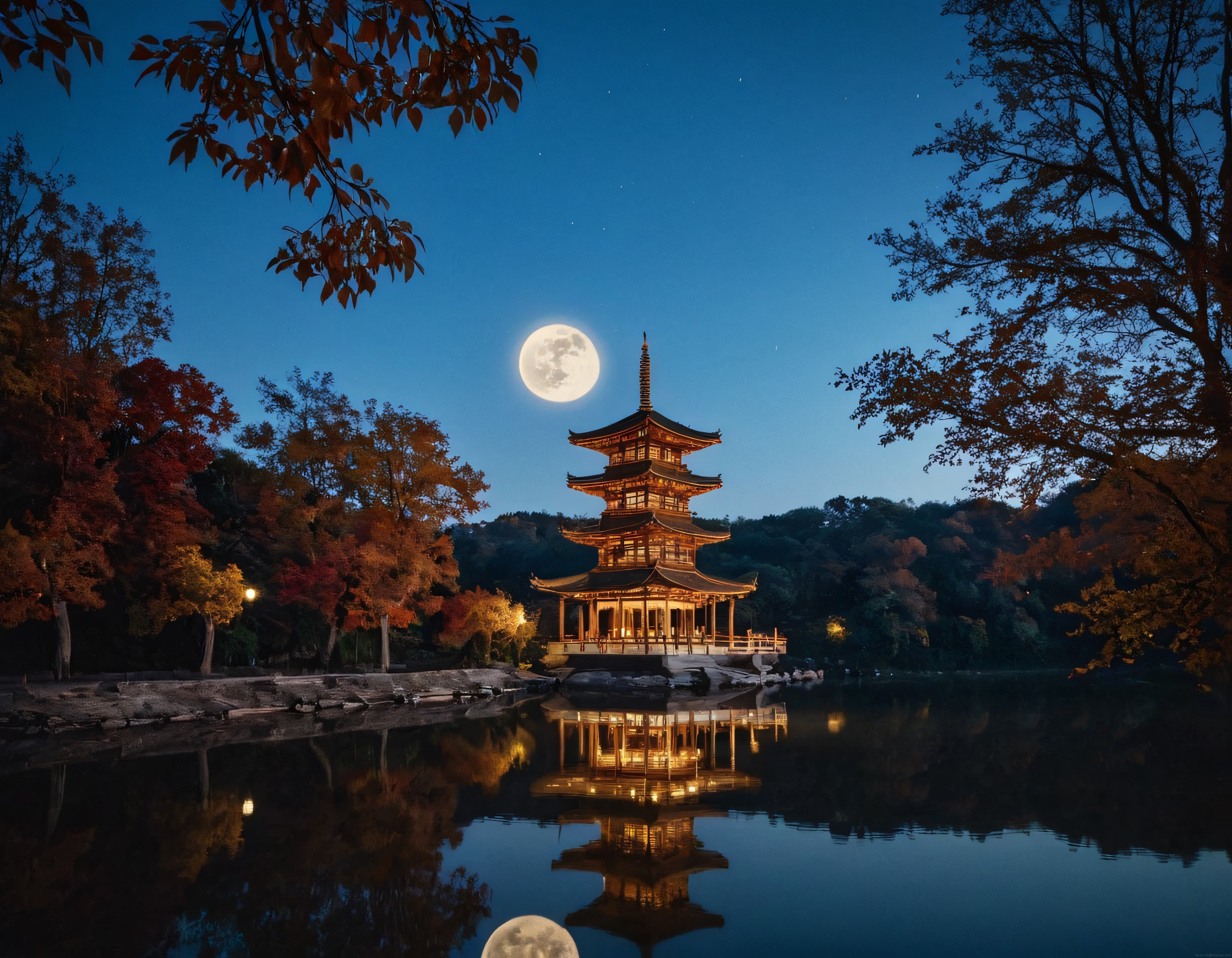 Dolunay Işığında Göl Kenarındaki Japon Pagodası ve Sonbahar Manzarası